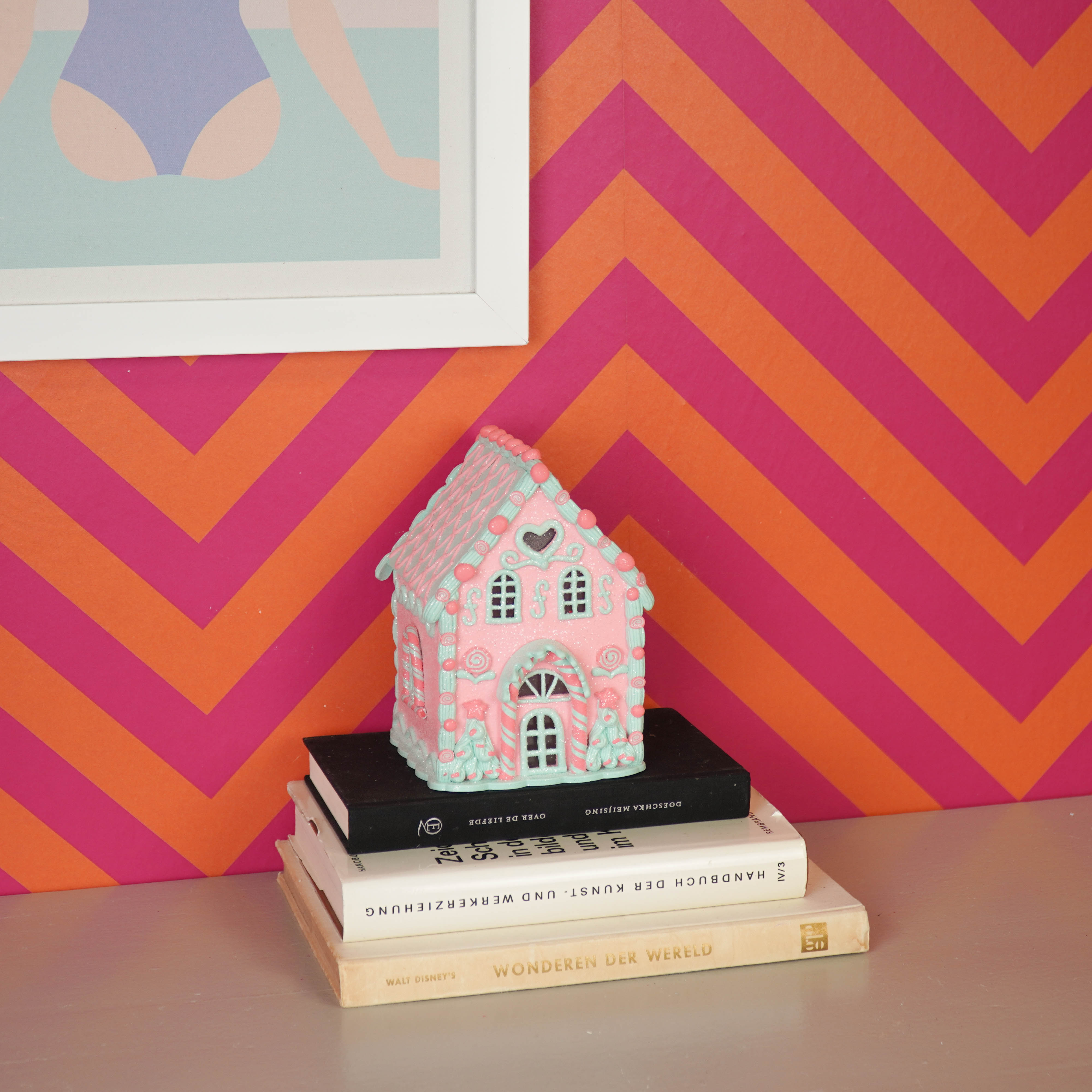 Kerst Decoratie -Led Lamp Snoephuis - Klei - Roze/Mint - 13x18,5 cm