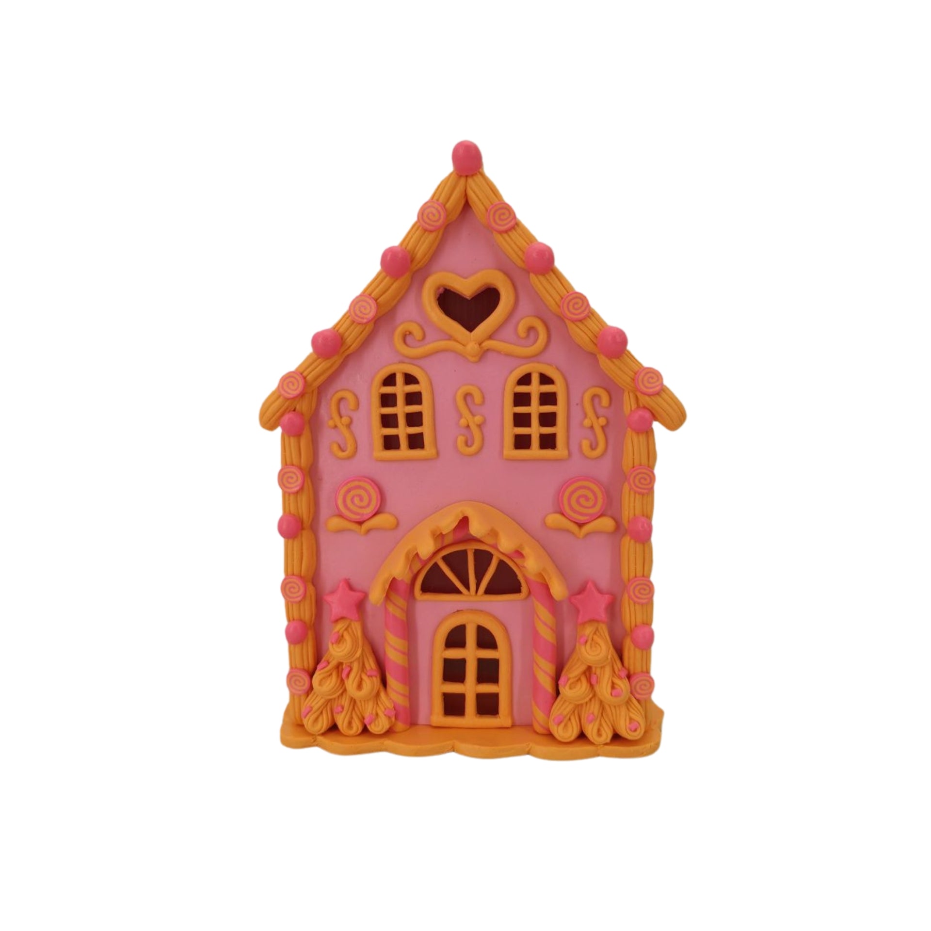 Kerst Decoratie - Led Lamp Snoephuis - Klei - Roze/Oranje - 13x18,5 cm