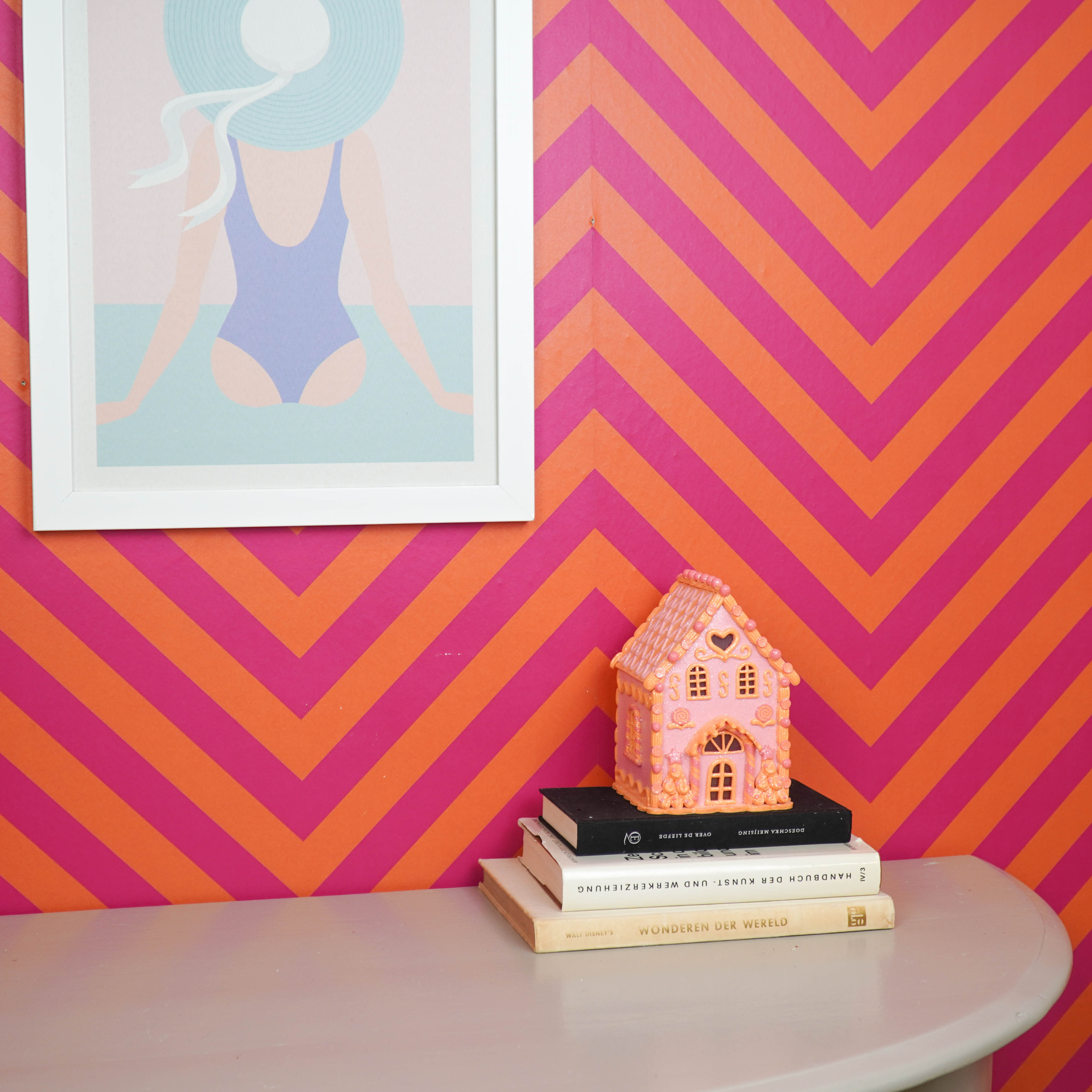 Kerst Decoratie - Led Lamp Snoephuis - Klei - Roze/Oranje - 13x18,5 cm