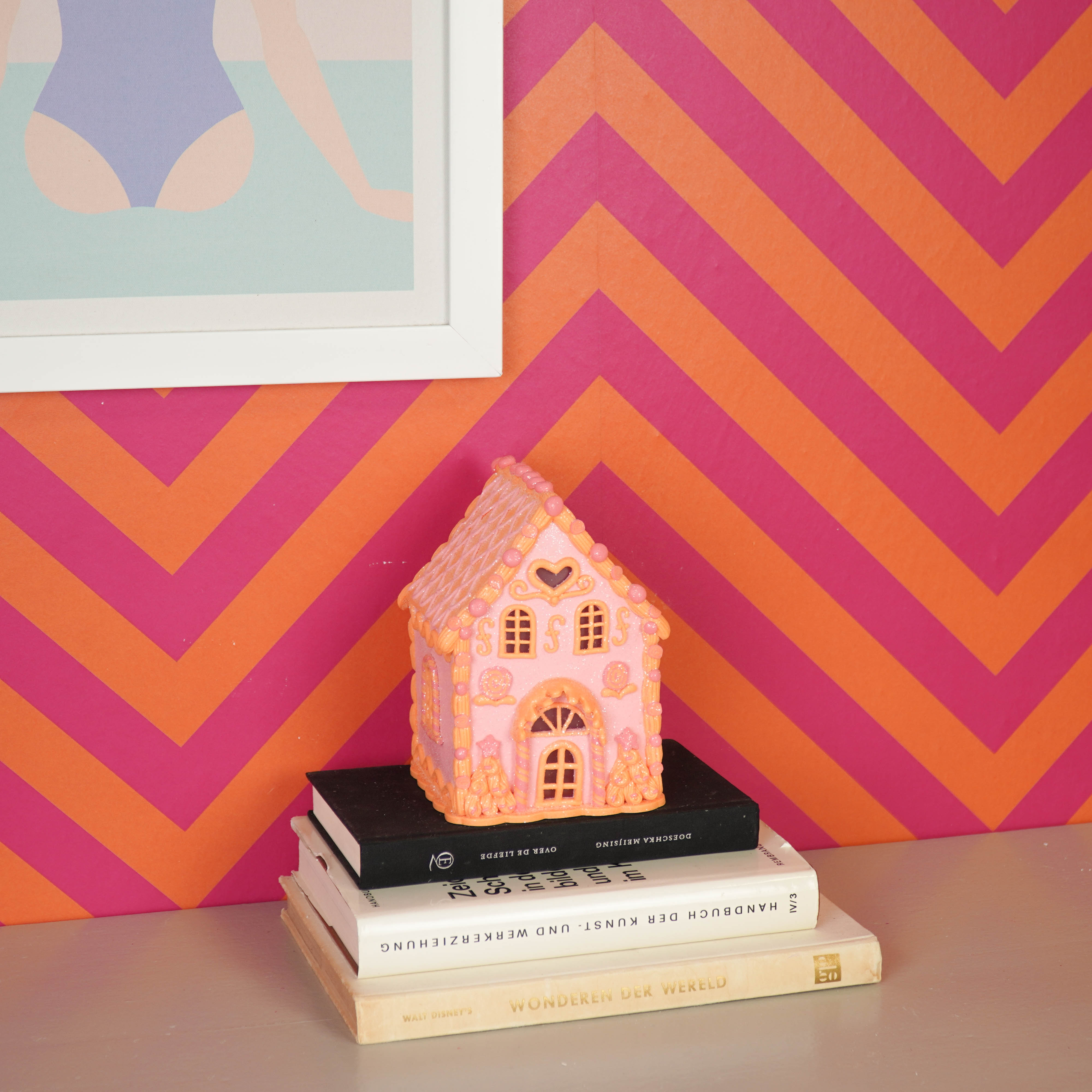 Kerst Decoratie - Led Lamp Snoephuis - Klei - Roze/Oranje - 13x18,5 cm