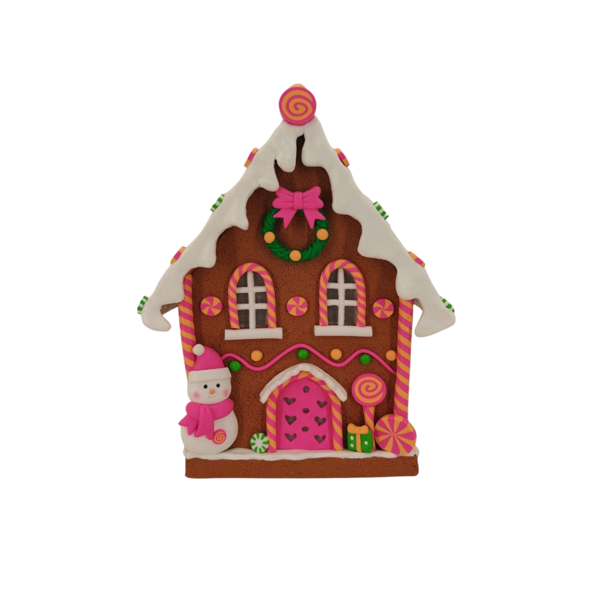 Kerst Decoratie - Led Lamp - Snoephuis Peperkoek - Klei - Bruin/Roze - 18.5x13x23.5 cm