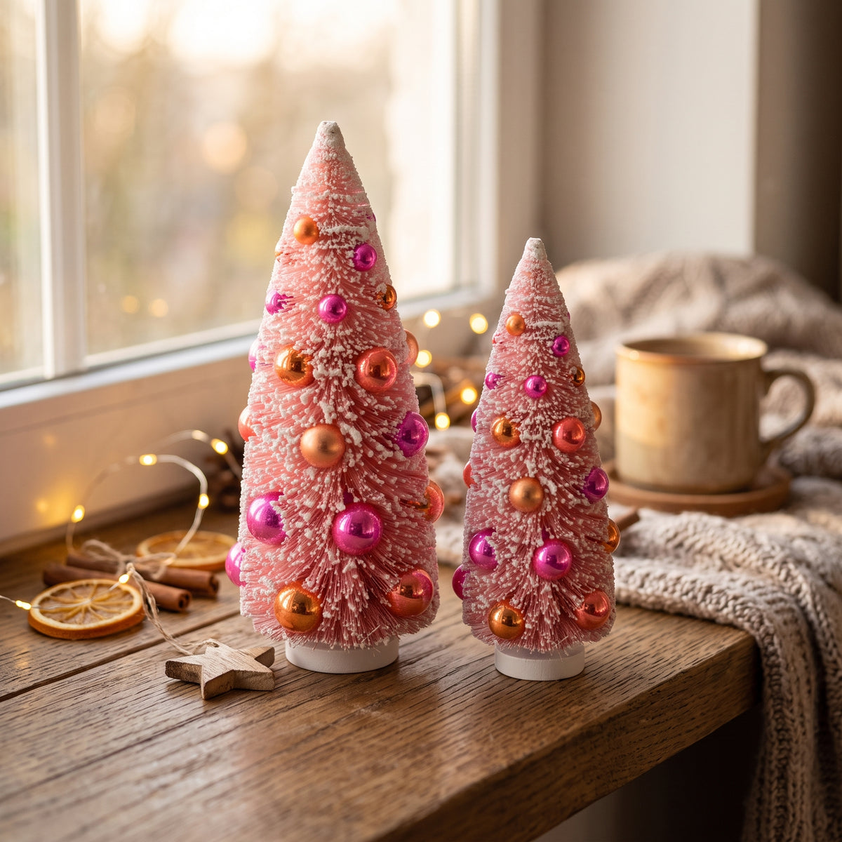 Set van 2 Roze Kerstboompjes met gekleurde ballen - 11x23 cm en 12,5 x 30 cm