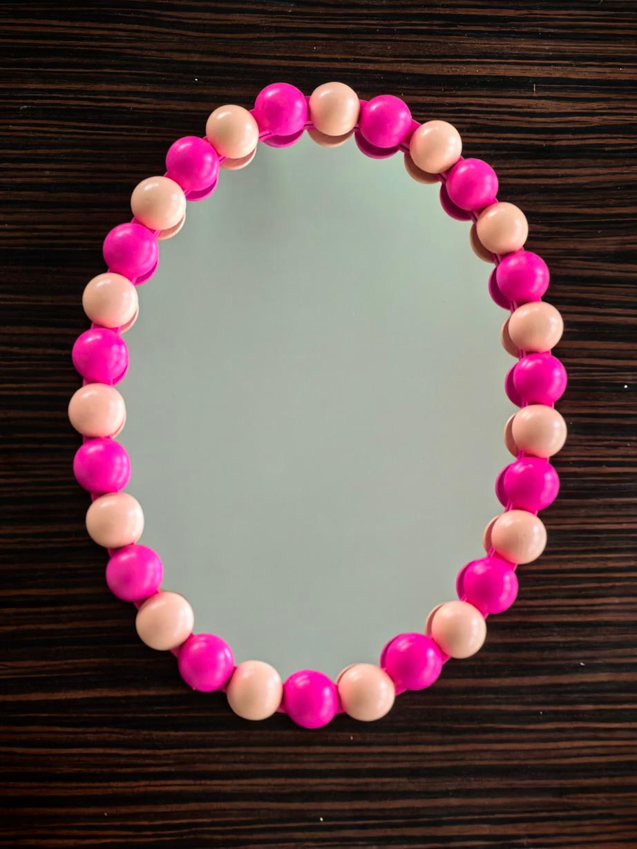Spiegel - Wand Spiegel met Bolletjesrand - MDF/ Glas - Licht Roze/ Neon Roze - 29x22.5cm