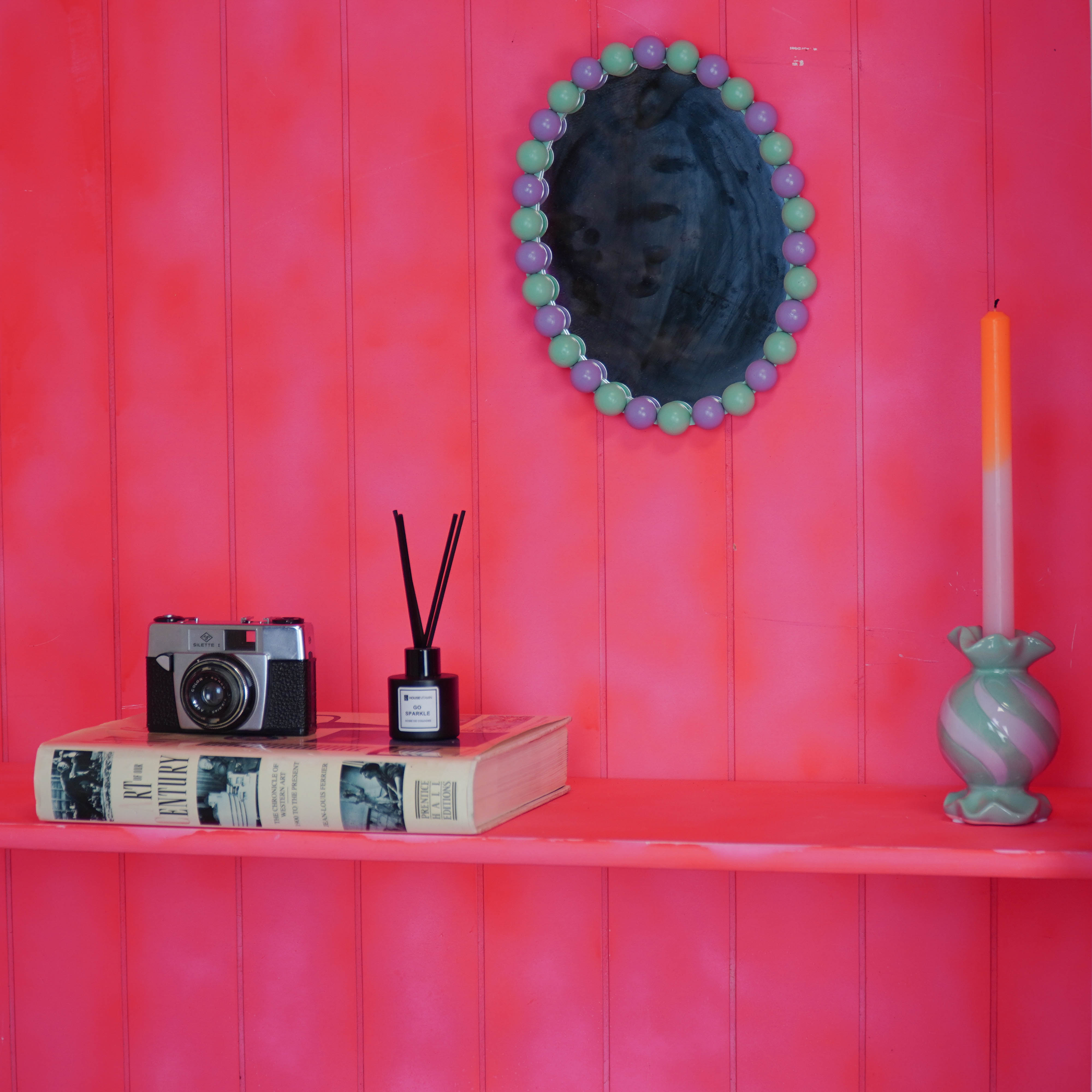 Spiegel - Wand Spiegel met Bolletjesrand - MDF/ Glas - Mint/ Lila - 29x22.5cm