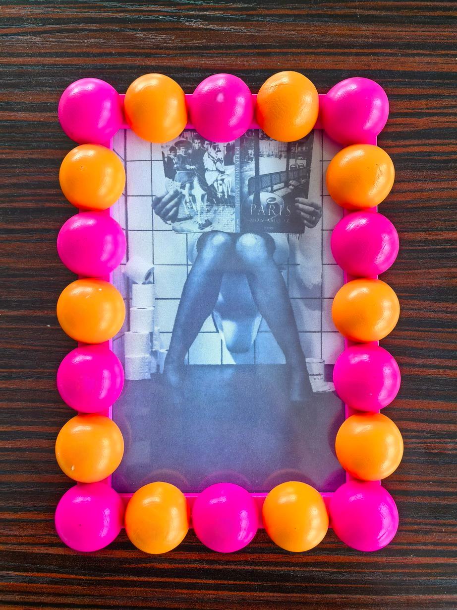 Fotolijst - Rechthoekig met Bolletjes Rand - MDF - Oranje/ Neon Roze - 18.5x13.5cm