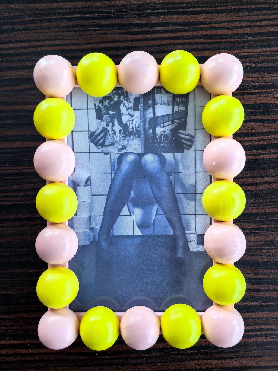 Fotolijst - Rechthoekig met Bolletjes Rand - MDF - Licht Roze/ Geel - 18.5x13.5cm