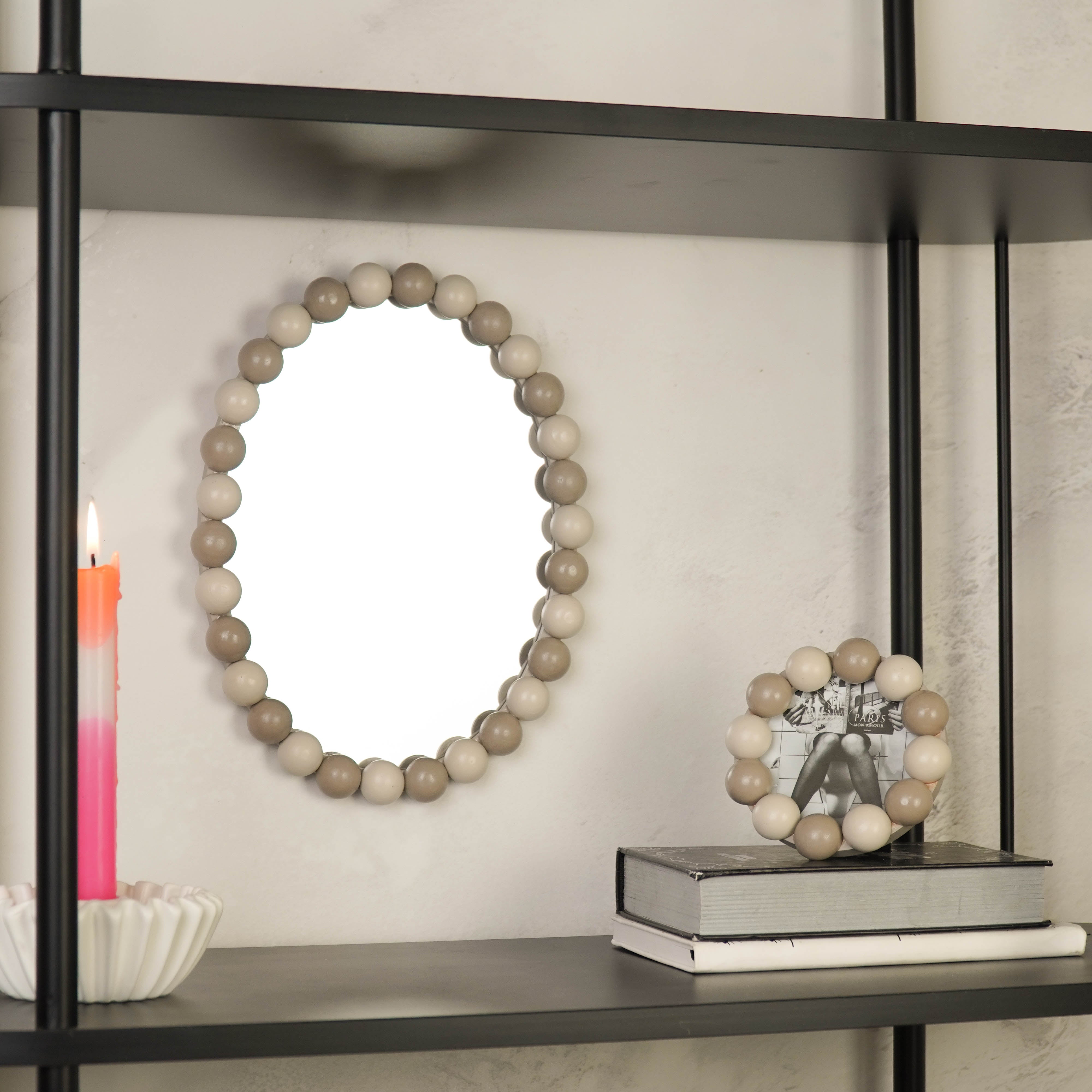 Fotolijst - Rond met Bolletjes Rand - MDF - Zand/ Taupe -14.5x14.5cm