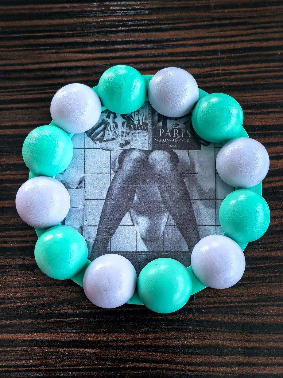 Fotolijst - Rond met Bolletjes Rand - MDF - Mint/ Lila - 14.5x14.5cm