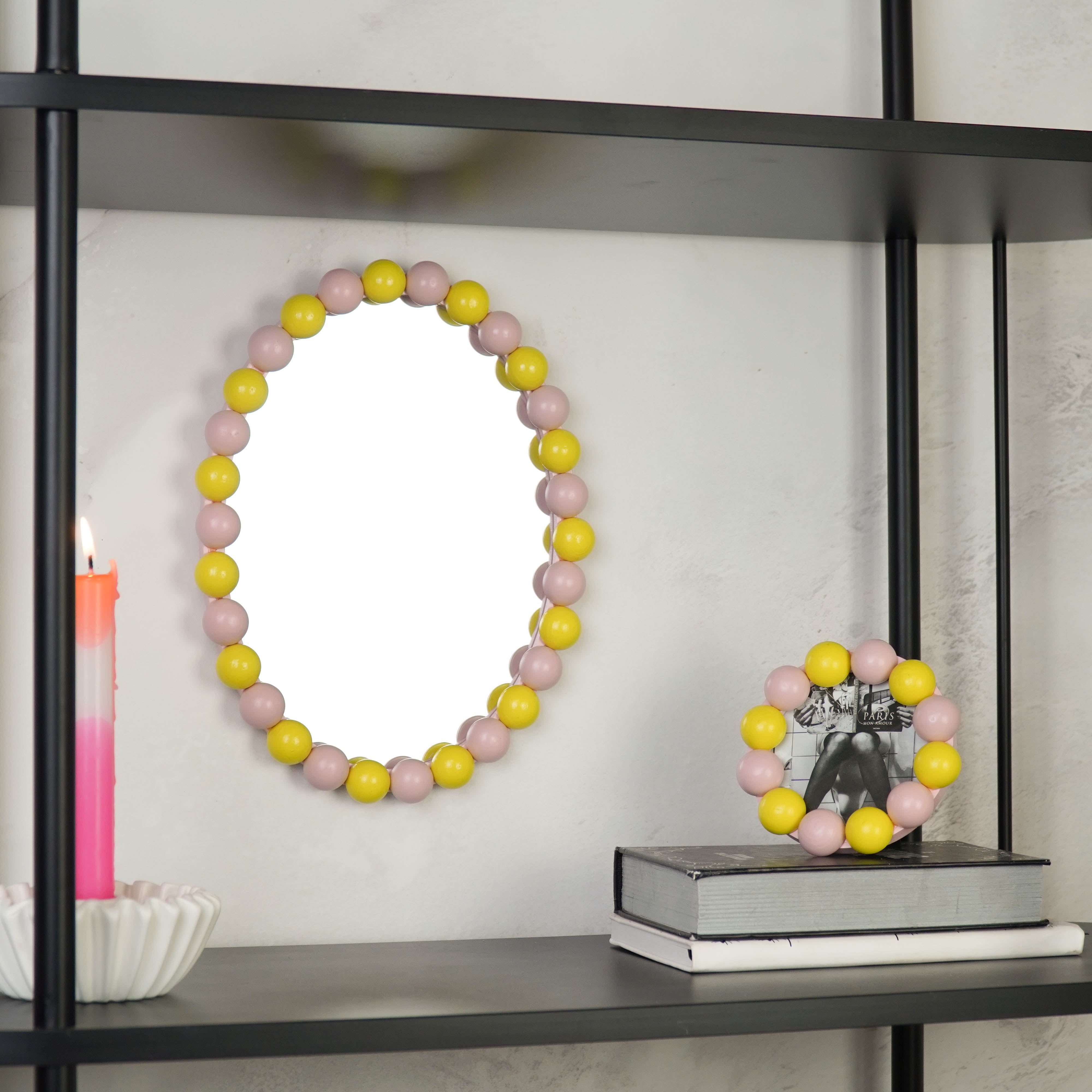 Fotolijst - Rond met Bolletjes Rand - MDF - Licht Roze/ Geel - 14.5x14.5cm