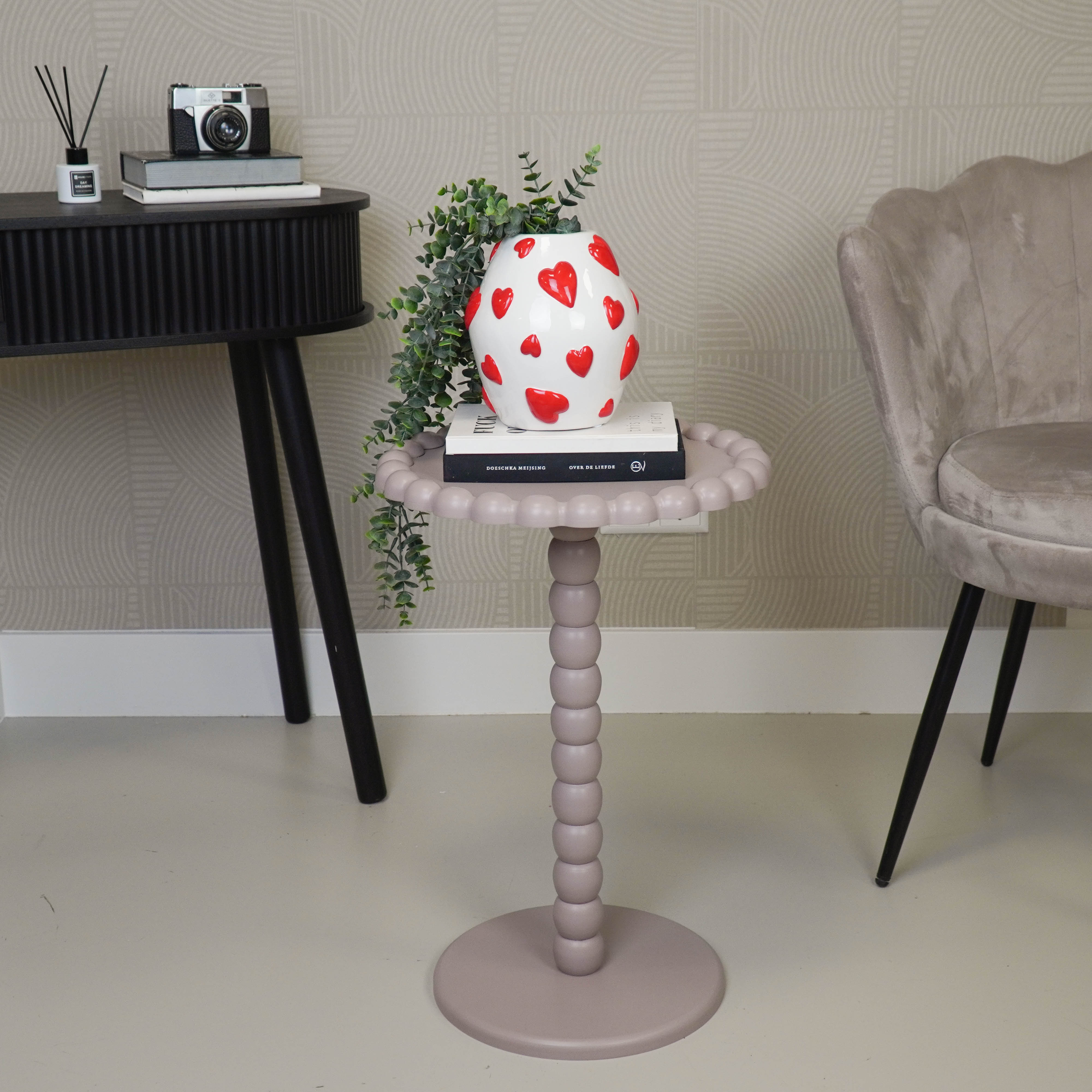 Bijzettafel- Ronde Bijzettafel met Bolletjes Rand en Poot - MDF - Taupe - 38X55cm