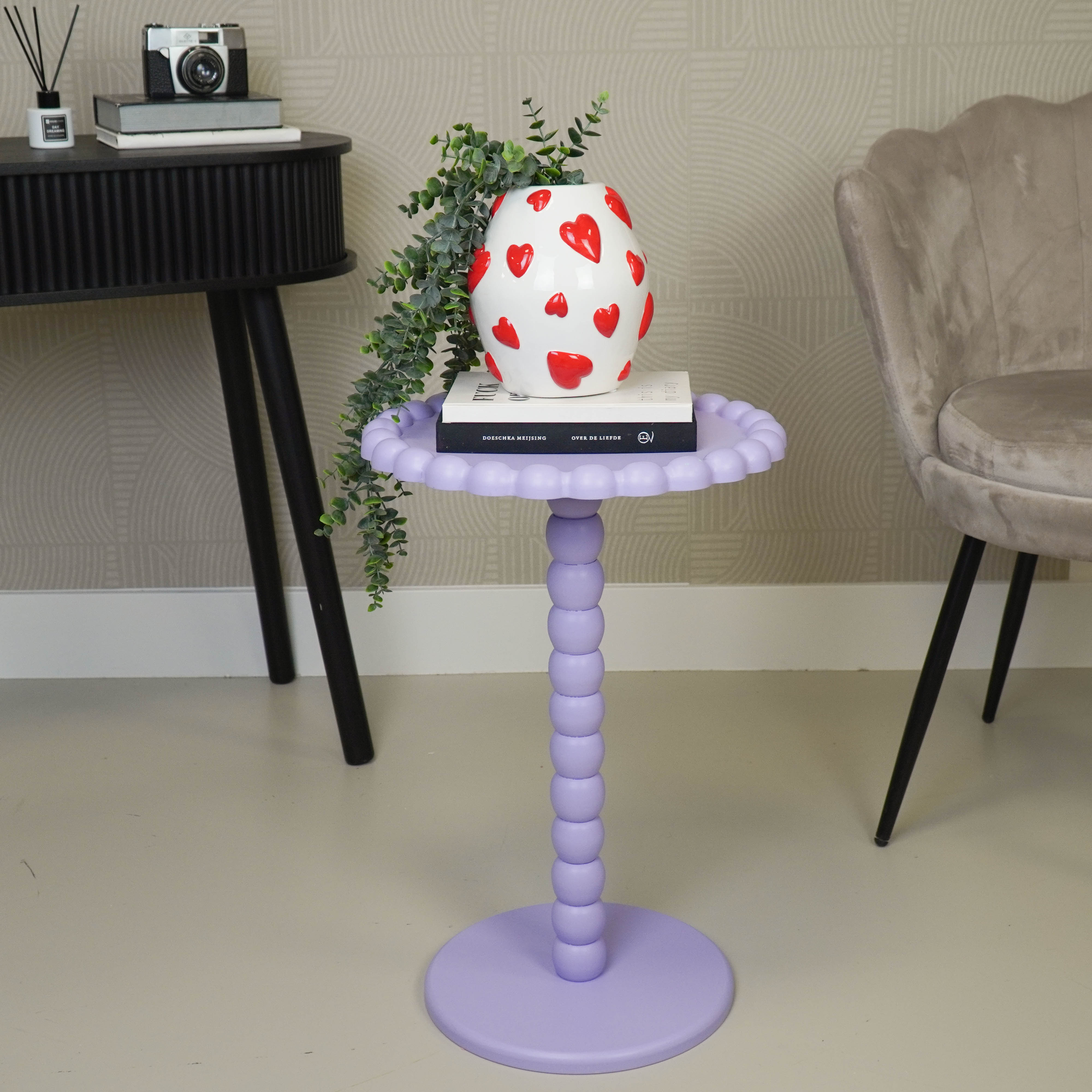 Bijzettafel- Ronde Bijzettafel met Bolletjes Rand en Poot - MDF - Lila - 38X55cm