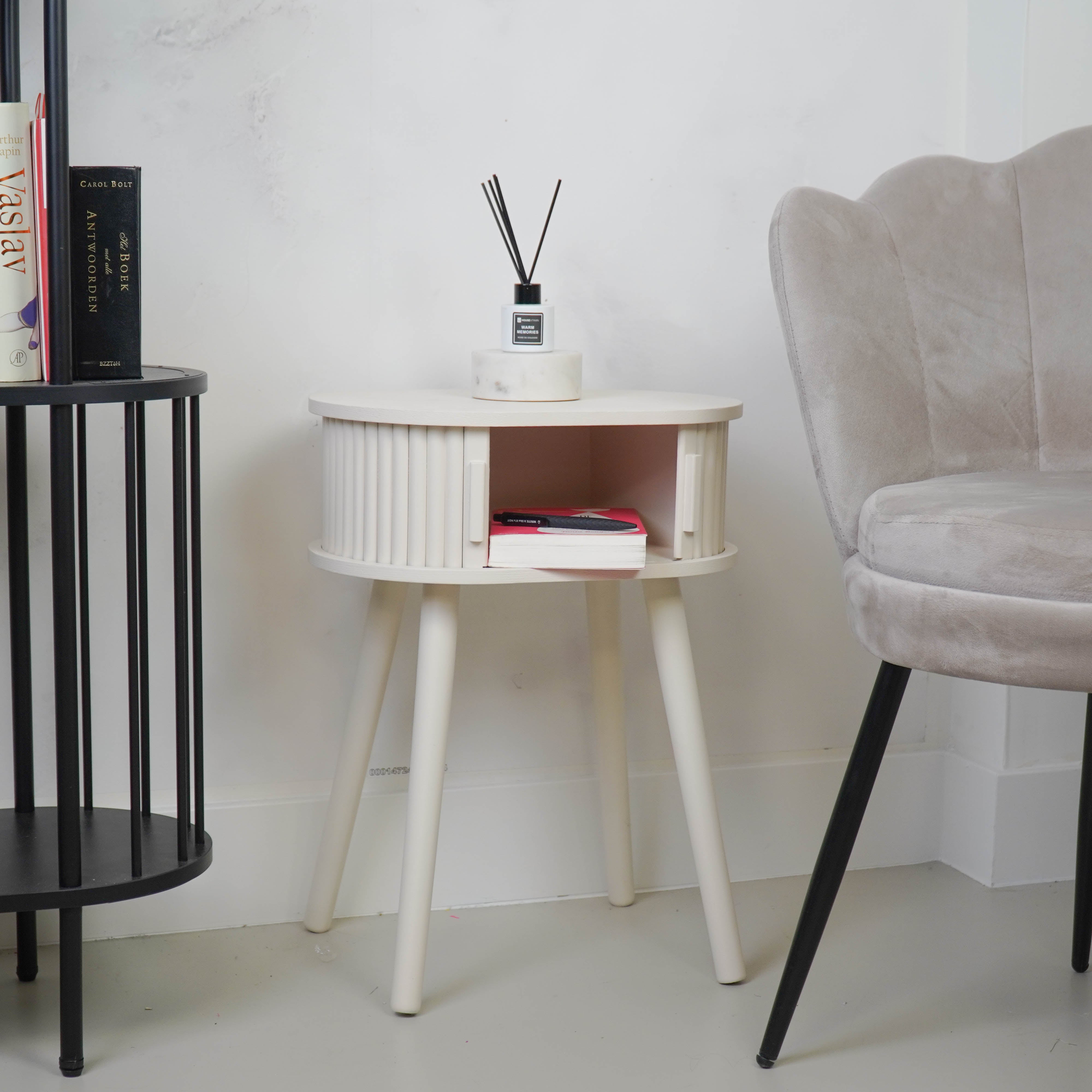 Bijzettafel - Nachtkastje met Schuifdeur van Latten - Zand/Beige - 40x30x53cm