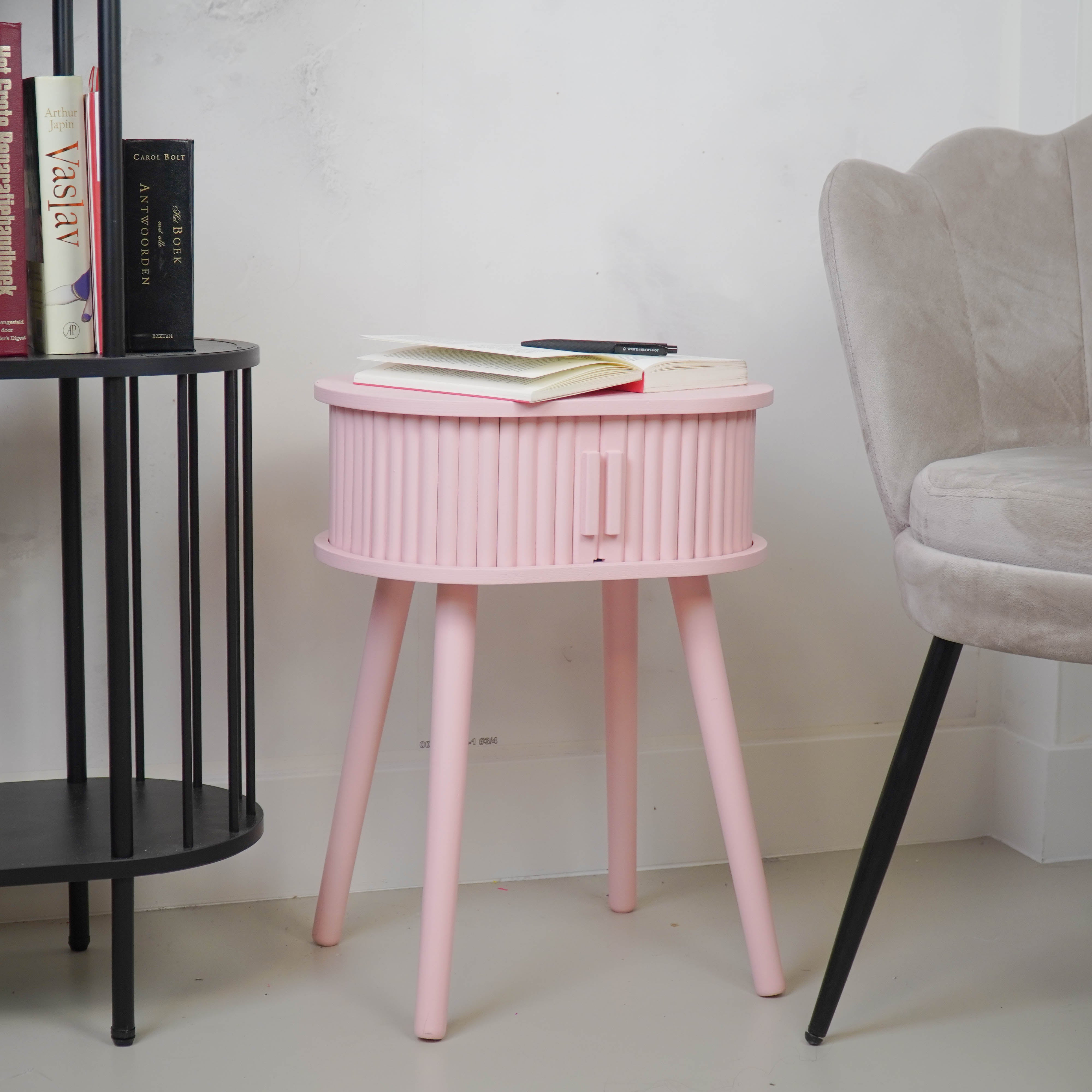 Bijzettafel - Nachtkastje met Schuifdeur van Latten - Lichtroze - 40x30x53cm