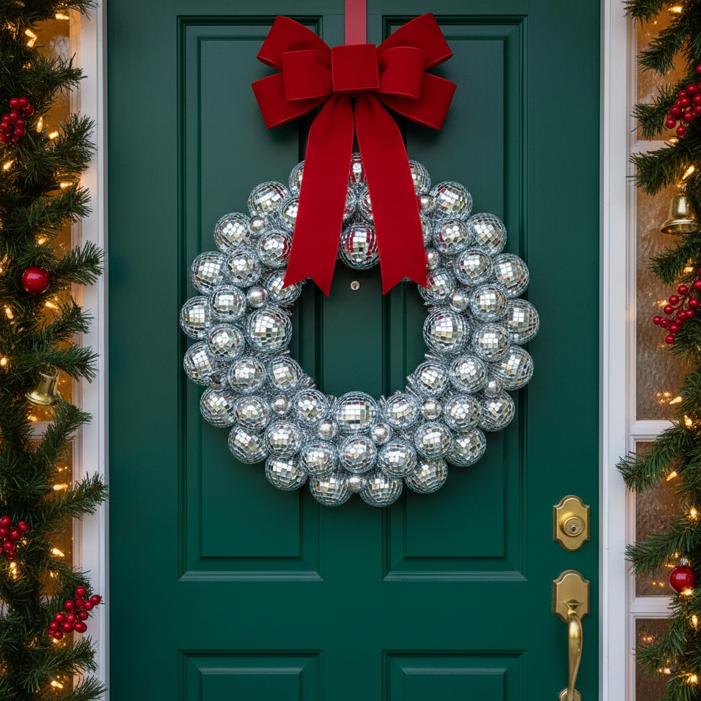 XMAS- Set Disco Kerstdecoratie – Zilveren Discobal Kerstboom 42 cm & Kerstkrans Ø40 cm – Kerstversiering
