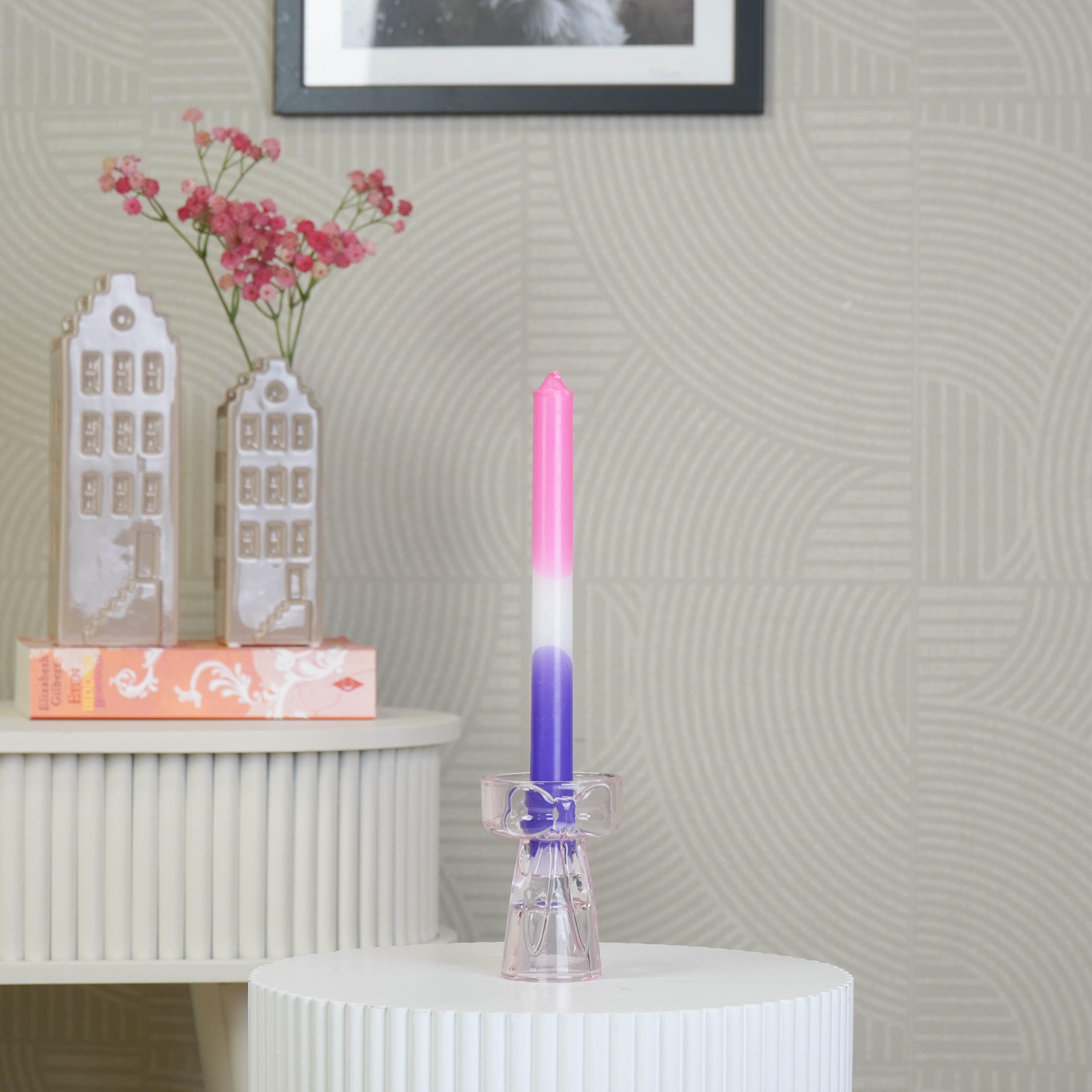 Kaarshouder - Kandelaar en Waxinelichthouder Strik - Glas - Roze - 7,5x9,5 cm