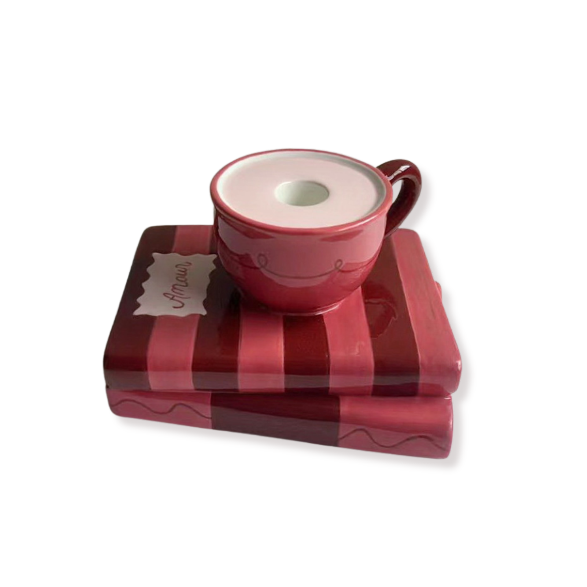 Kandelaar - Kopje op stapel boeken - Rood/Roze - Dolomiet - 16,5x13,5x9,5cm