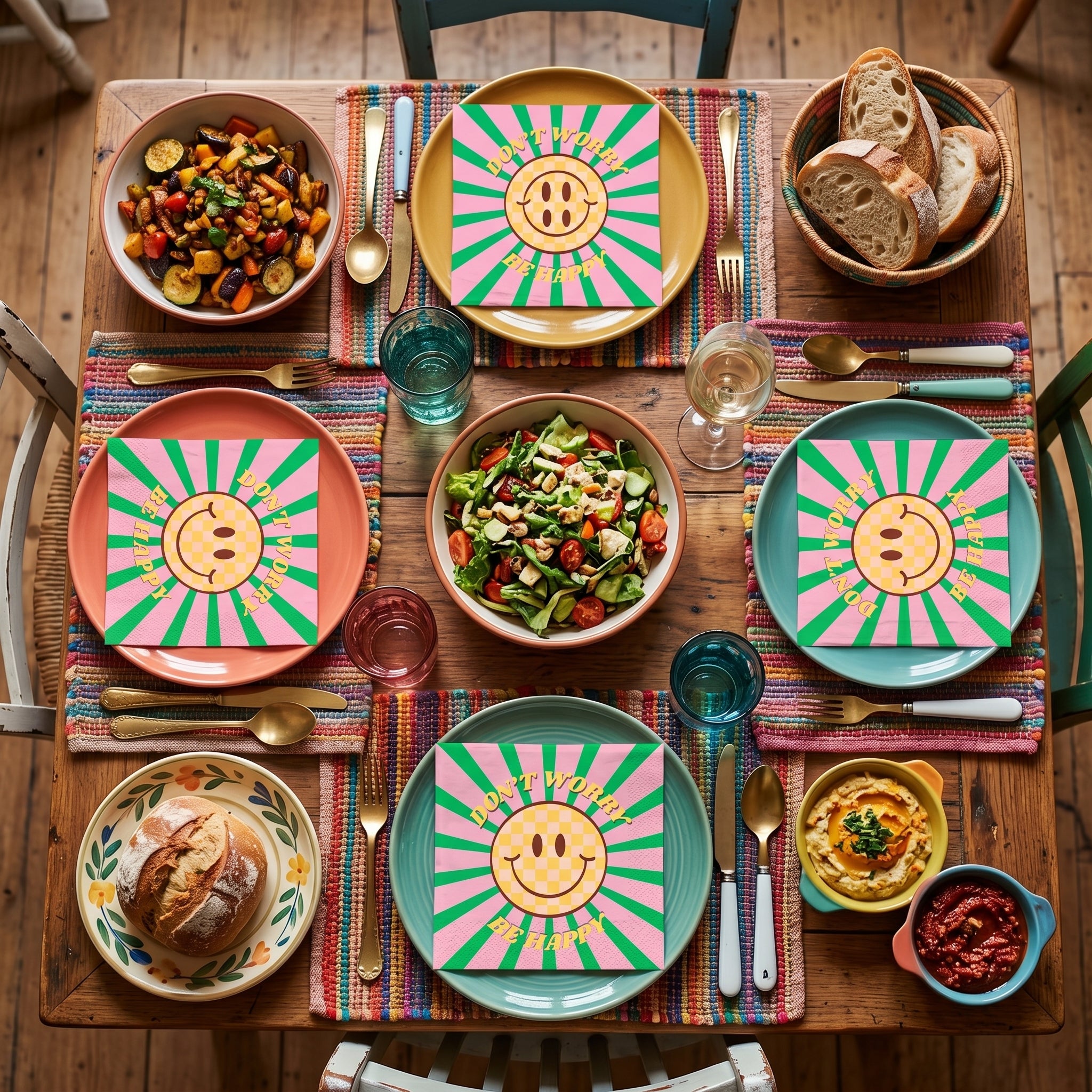 Papieren Servetten - "Don't Worry" - Groen/Roze - 3-Laags - FSC - 33x33 cm - 20 Stuks