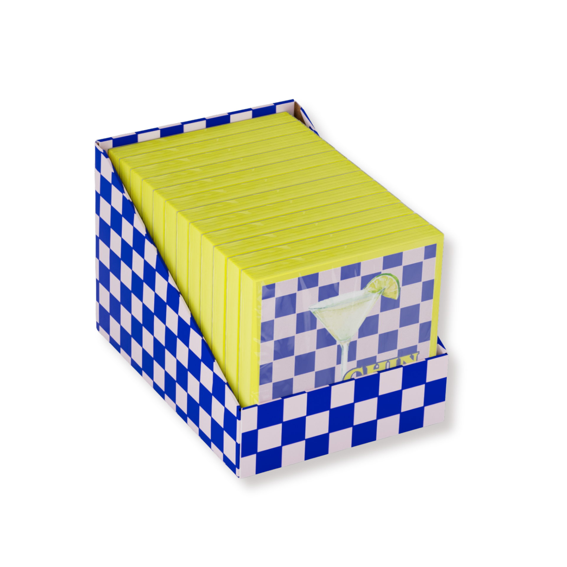 Papieren Servetten 33x33 cm – 3-LaPapieren Servetten - "Chin Chin" - Geel/Blauw/Roze - 3-Laags - FSC - 33x33 cm - 20 Stuksags – FSC –Geel/Blauw/Roze – 'Chin chin' – 20 Stuks