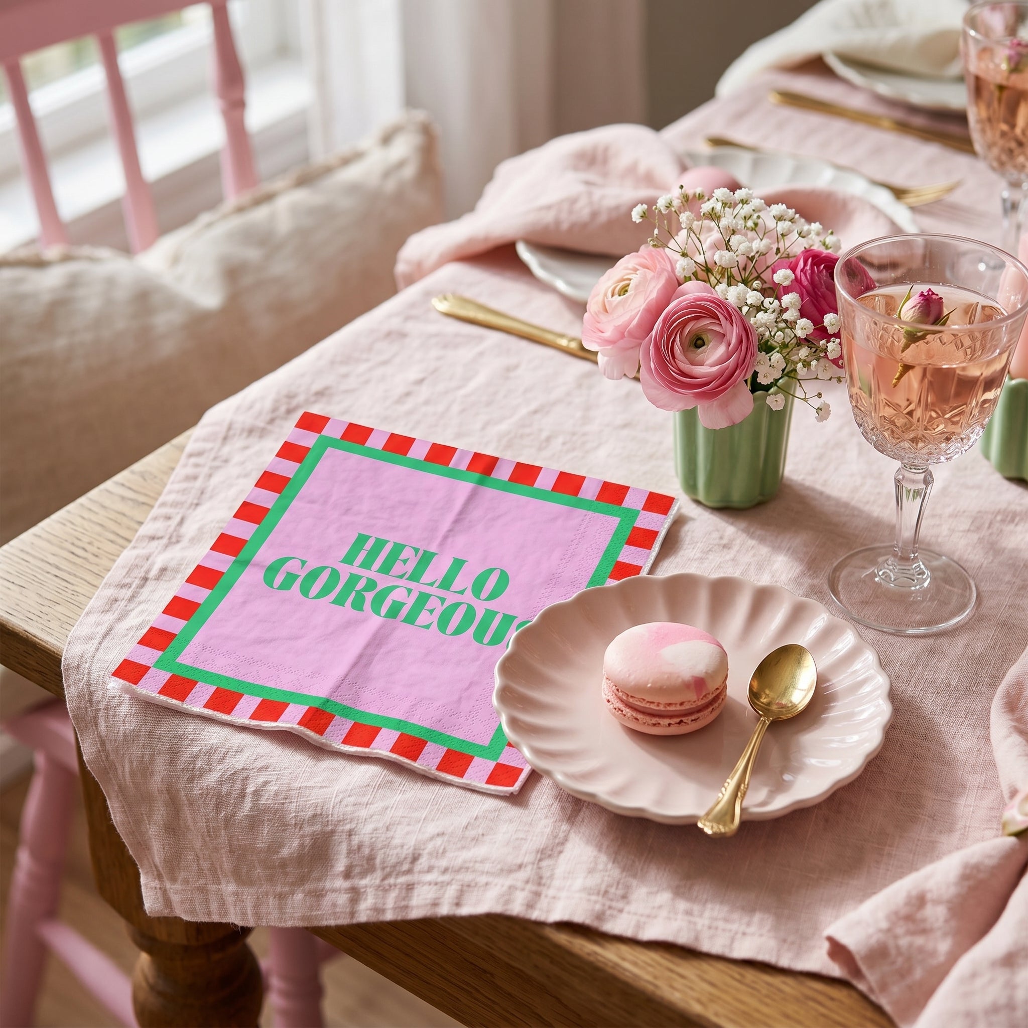 Papieren Servetten - "Hello Gorgeous" - Roze/Rood/Groen - 3-Laags - FSC - 33x33 cm - 20 Stuks