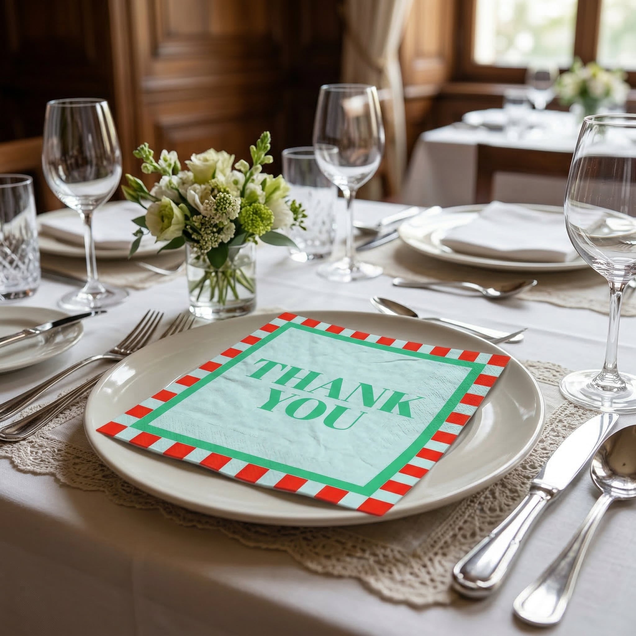Papieren Servetten - "Thank you" - Mint/Rood/Groen - 3-Laags - FSC - 33x33 cm - 20 Stuks