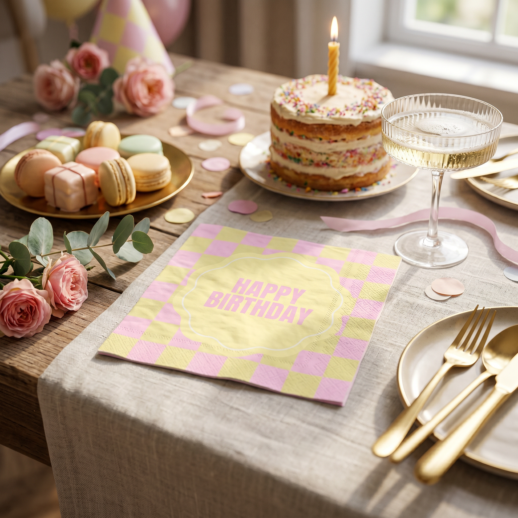 Papieren Servetten - "Happy Birthday" - Roze/Geel - 3-Laags - FSC - 33x33 cm - 20 Stuks
