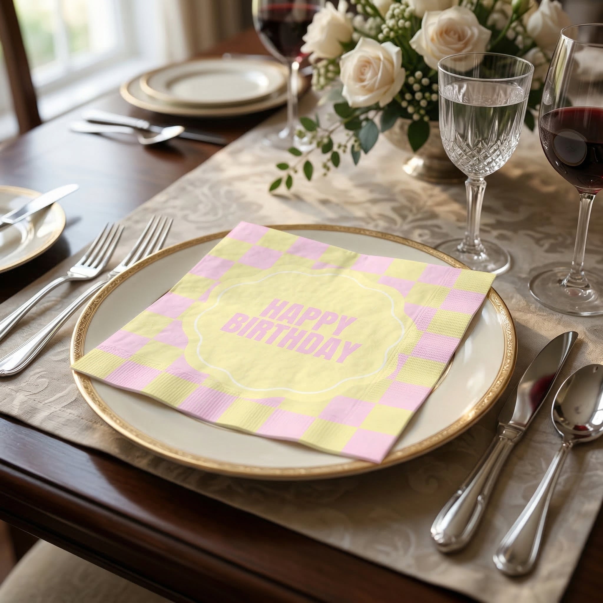 Papieren Servetten - "Happy Birthday" - Roze/Geel - 3-Laags - FSC - 33x33 cm - 20 Stuks