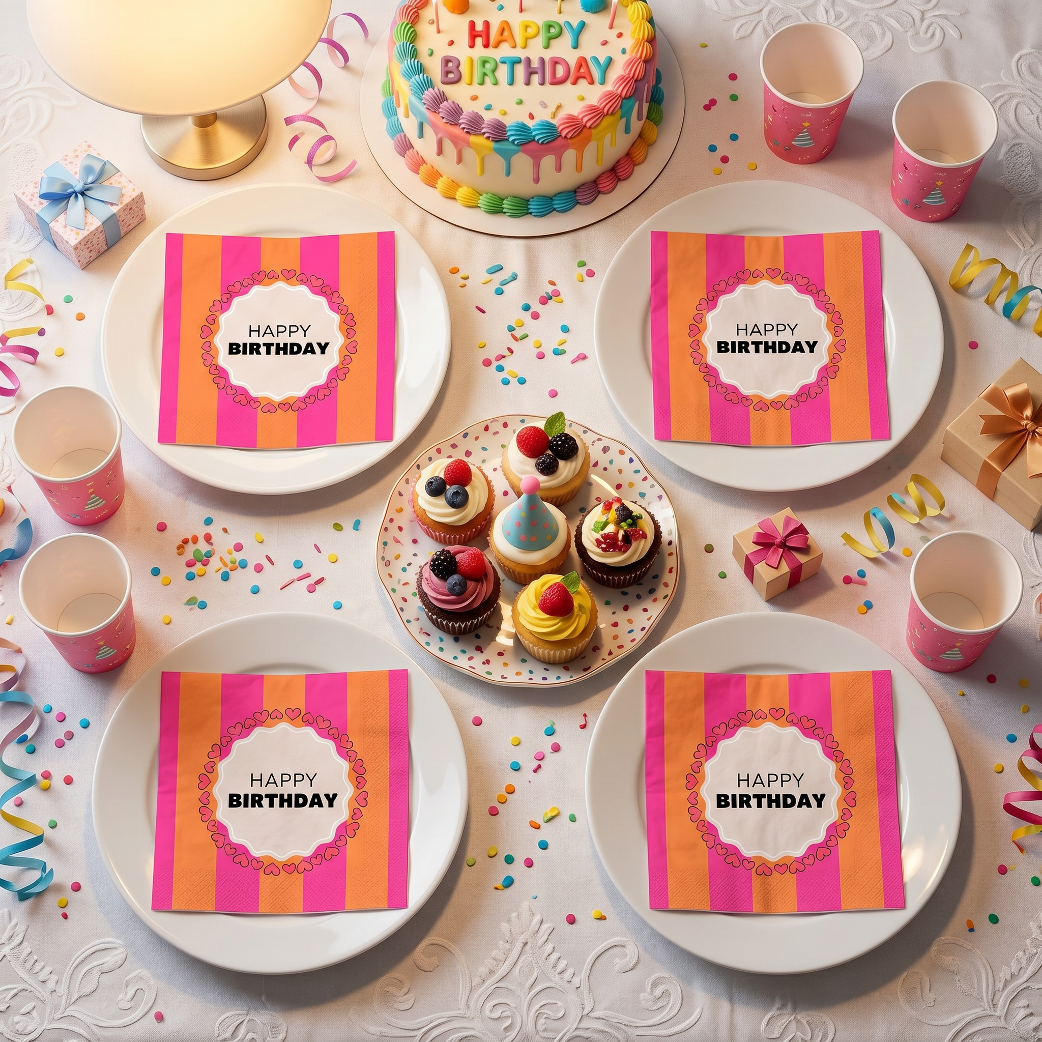 Papieren Servetten - "Happy Birthday" - Roze/Oranje - 3-Laags - FSC - 33x33 cm - 20 Stuks