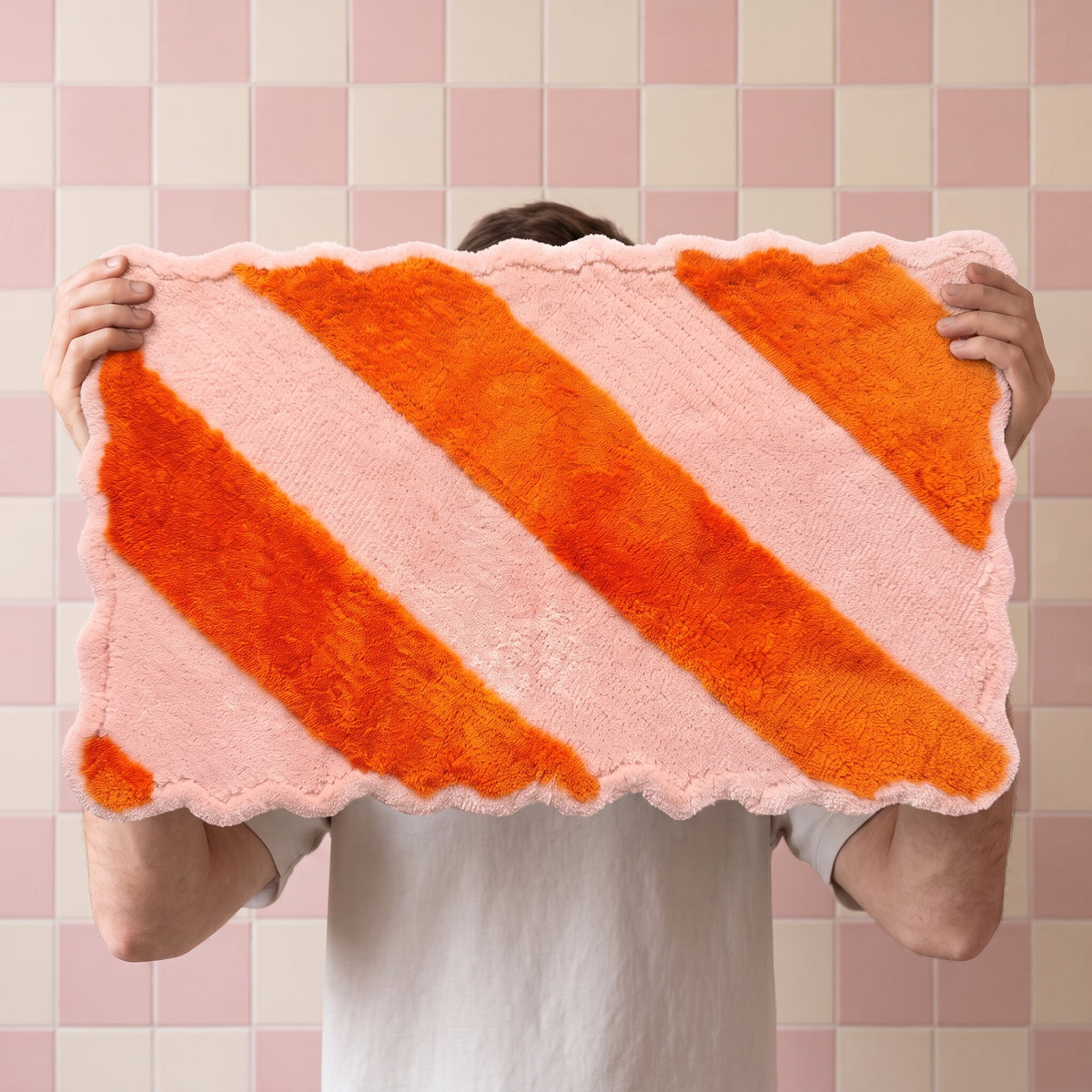 Badmat - Gestreept - Katoen/ Polyester - Lichtroze/ Oranje - 80x50x1 cm