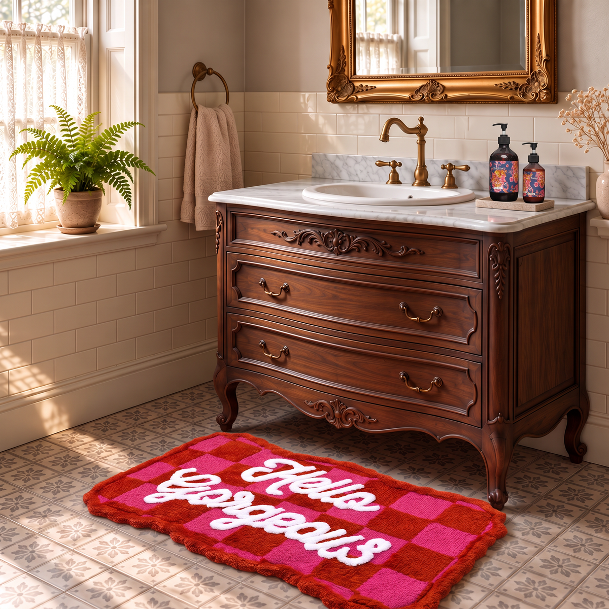 Badmat - Hello Gorgeous- Katoen/ Polyester - Roze/ Rood- 80x50x1 cm