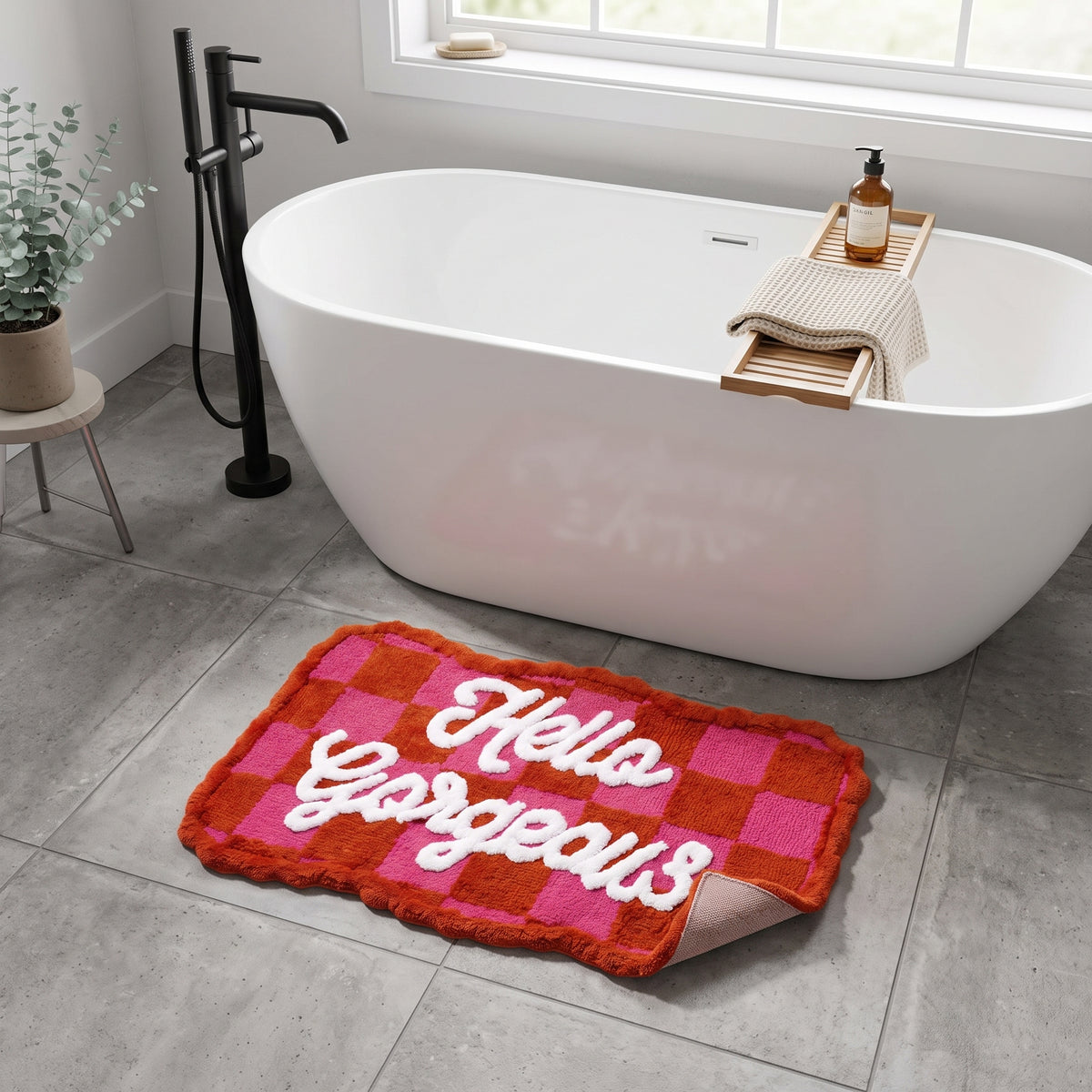 Badmat - Hello Gorgeous- Katoen/ Polyester - Roze/ Rood- 80x50x1 cm