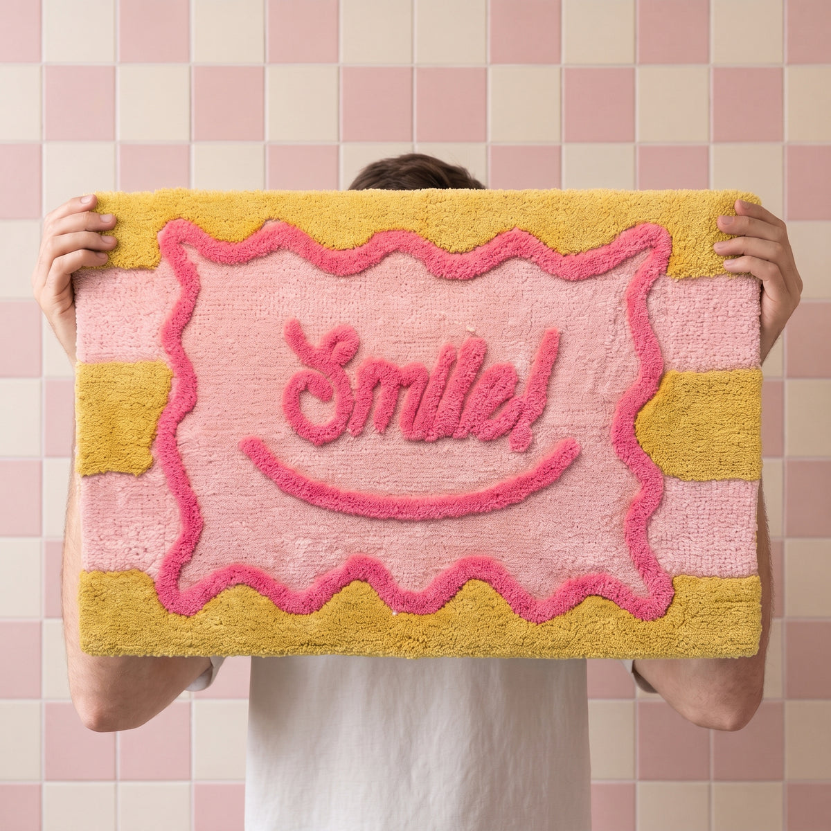Badmat - Smile- Katoen/ Polyester - Roze/ Geel- 80x50x1 cm