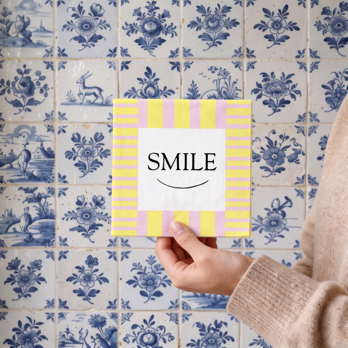 Papieren Servetten - "Smile" -Roze/ Wit/ Geel - 3-Laags - FSC - 33x33 cm - 20 Stuks