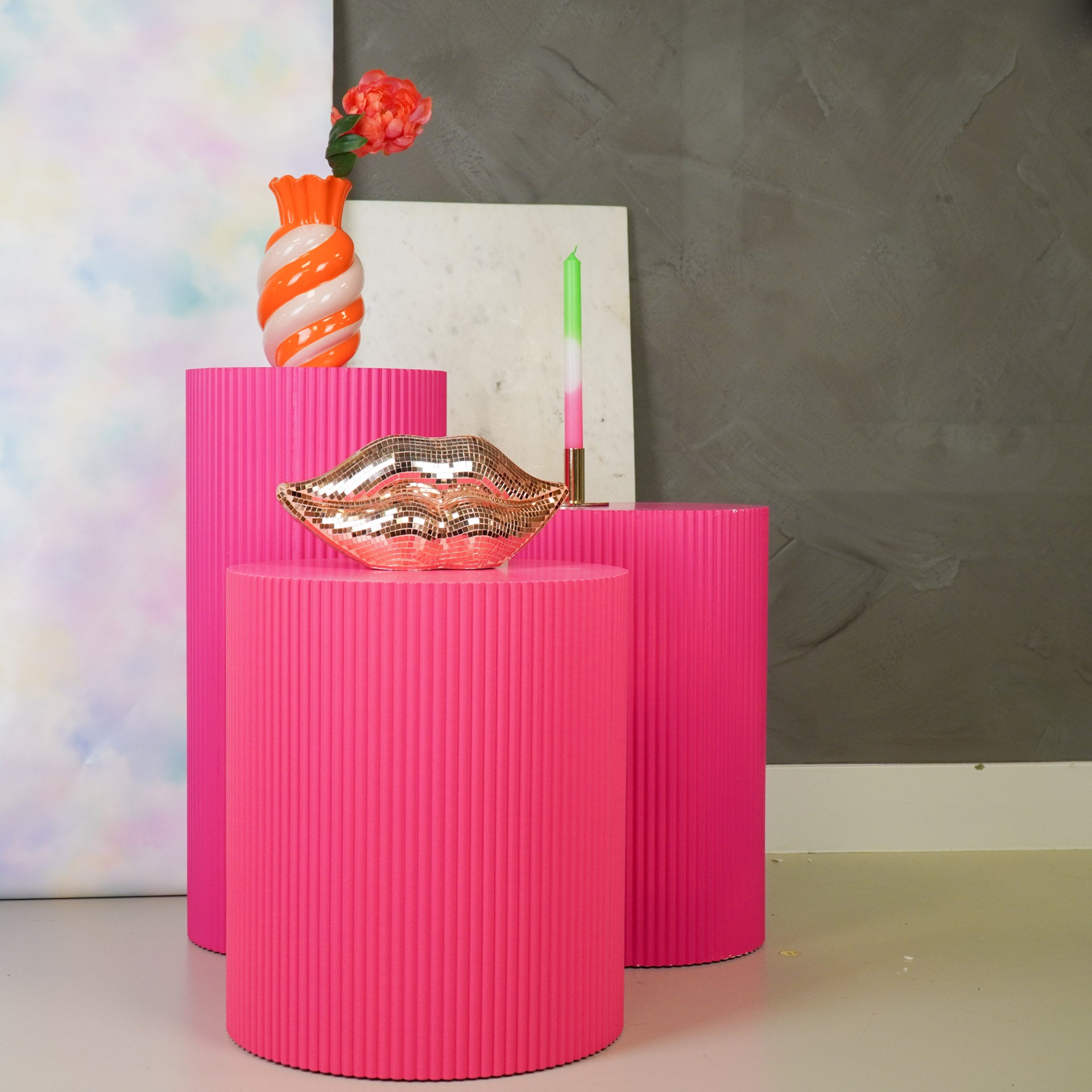 Bijzettafel - Cilinder- MDF - Neon Roze - 39x39x45cm