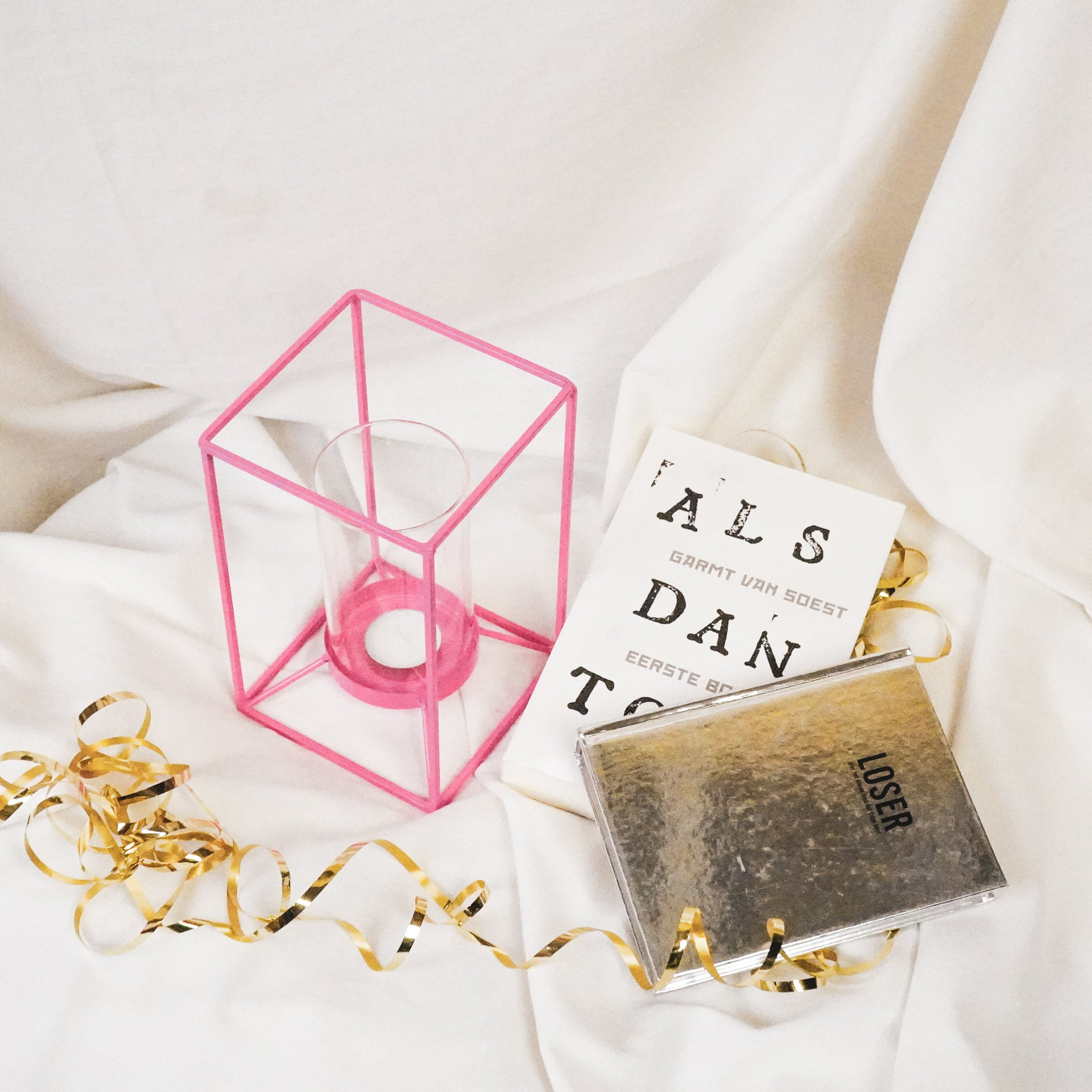 Windlicht - Metaal/Glas - Roze - 12,5x12,5x20cm