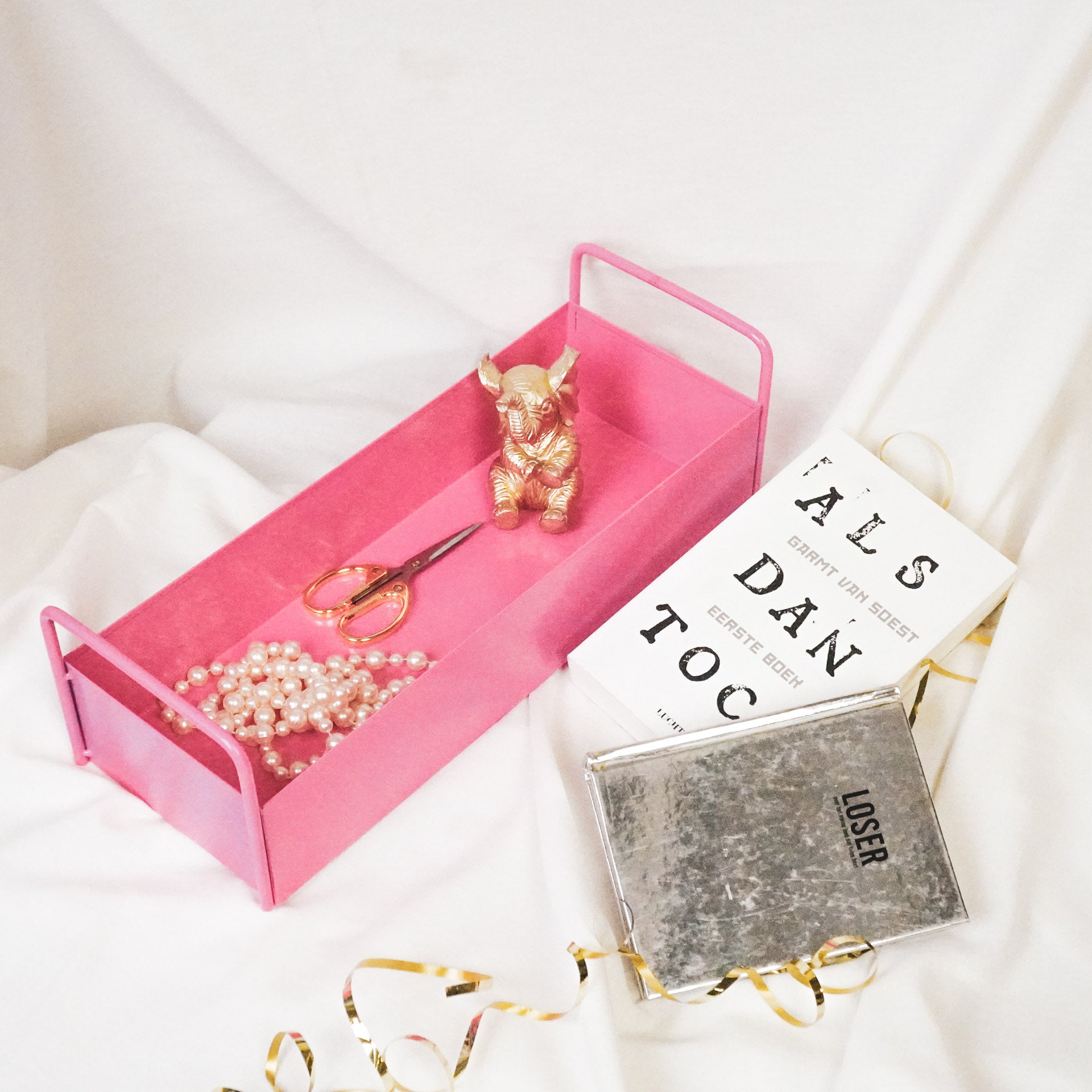 Dienblad- Tray met handvatten- Metaal- Fluor Roze - 41,5x15,5x13cm