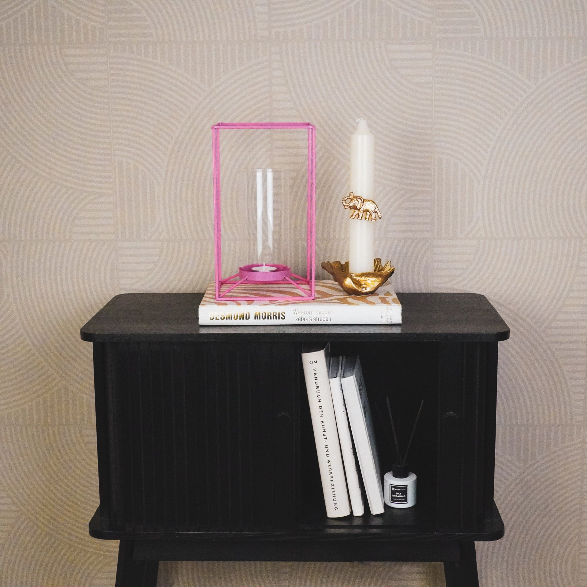 Windlicht - Metaal/Glas - Fluor Roze- 14,5x14,5x25cm