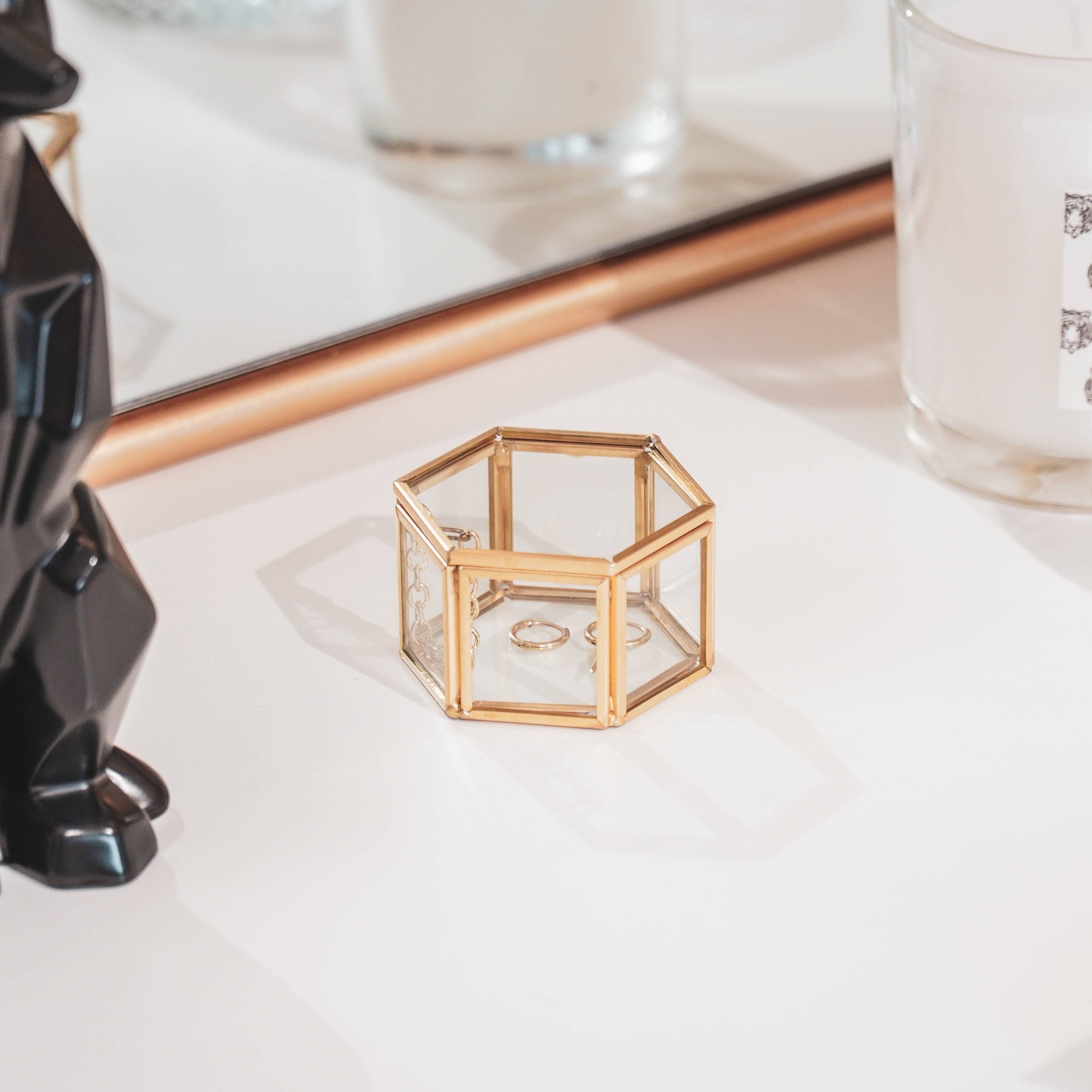 Opbergbakje -Doosje - Hexagon - Metaal/Glas - Goud - 6x5,5x3,5cm