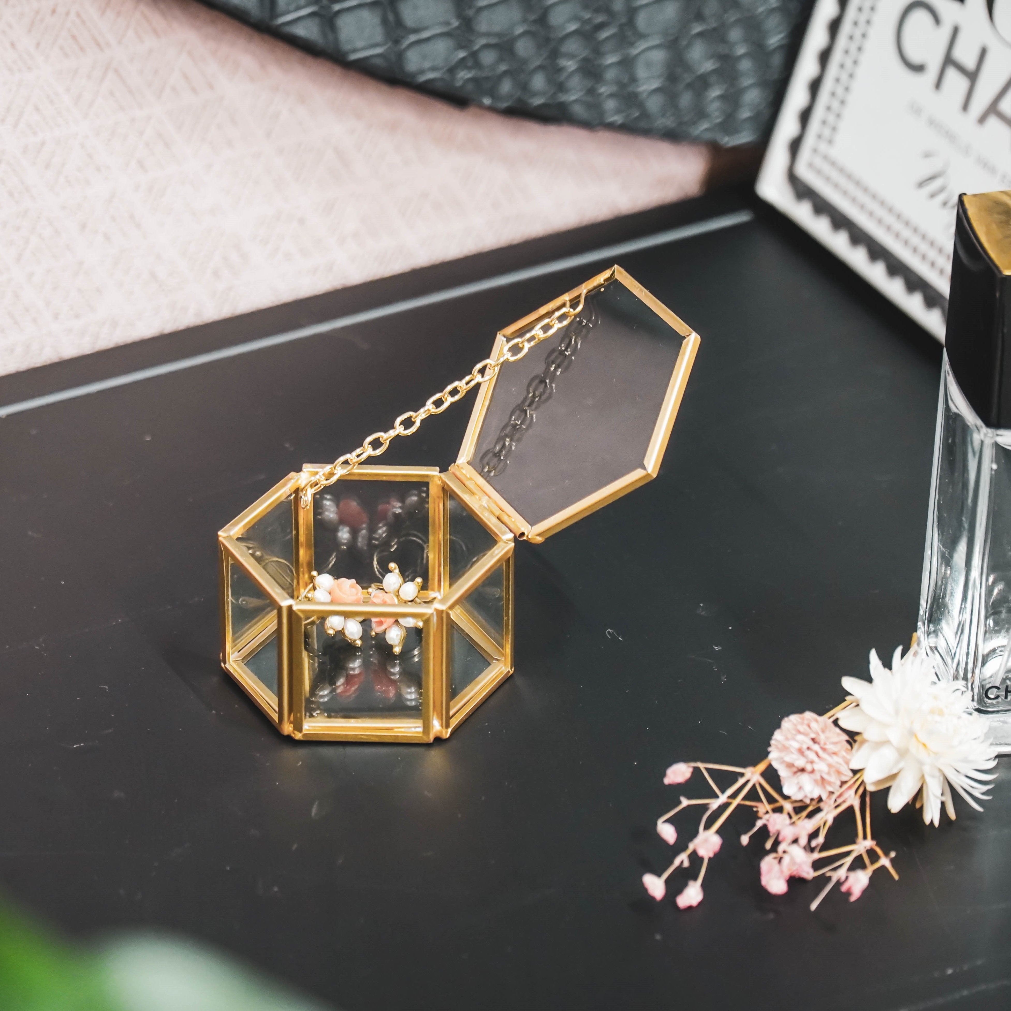 Opbergbakje -Doosje - Hexagon - Metaal/Glas - Goud - 6x5,5x3,5cm