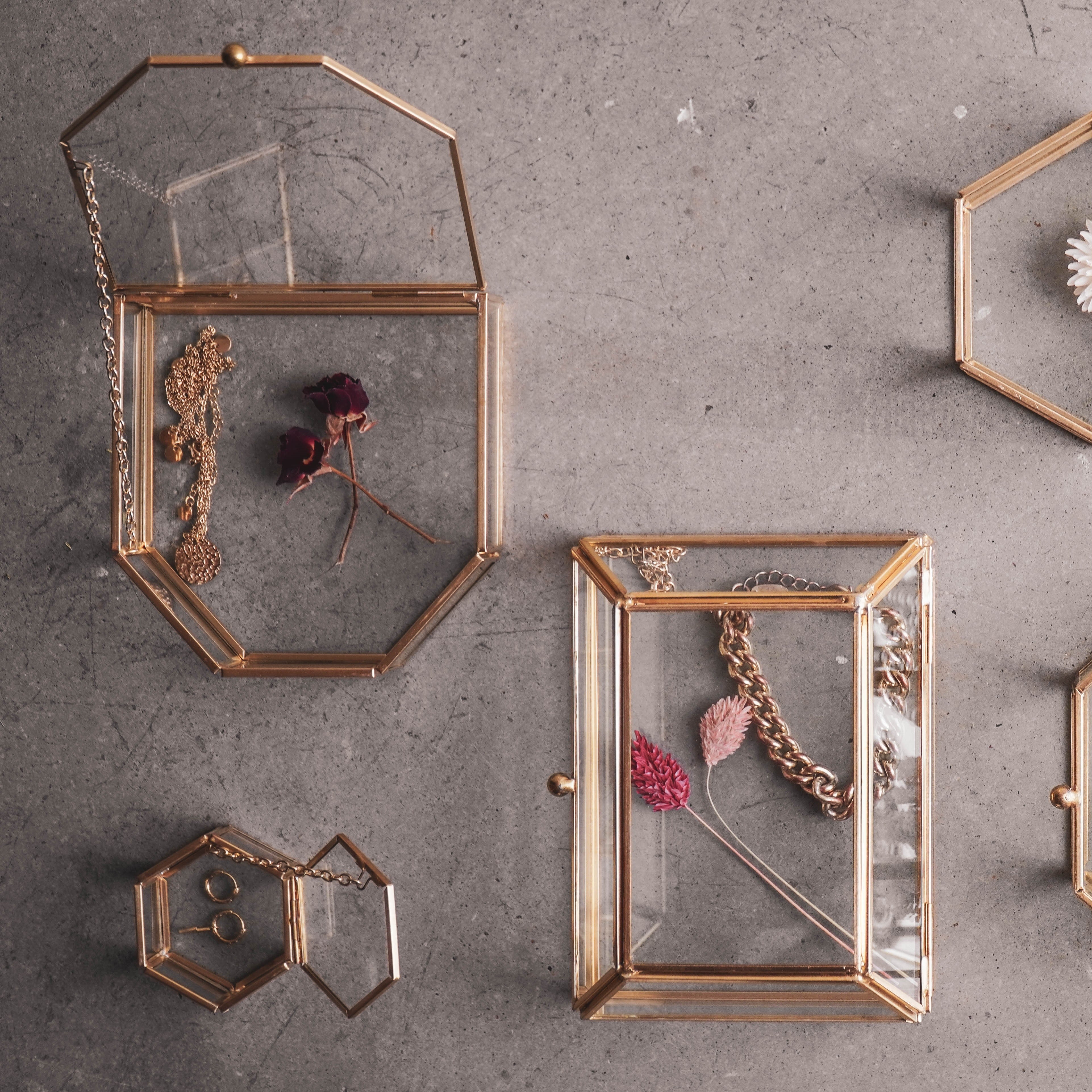 Opbergbakje -Doosje - Hexagon - Metaal/Glas - Goud - 6x5,5x3,5cm