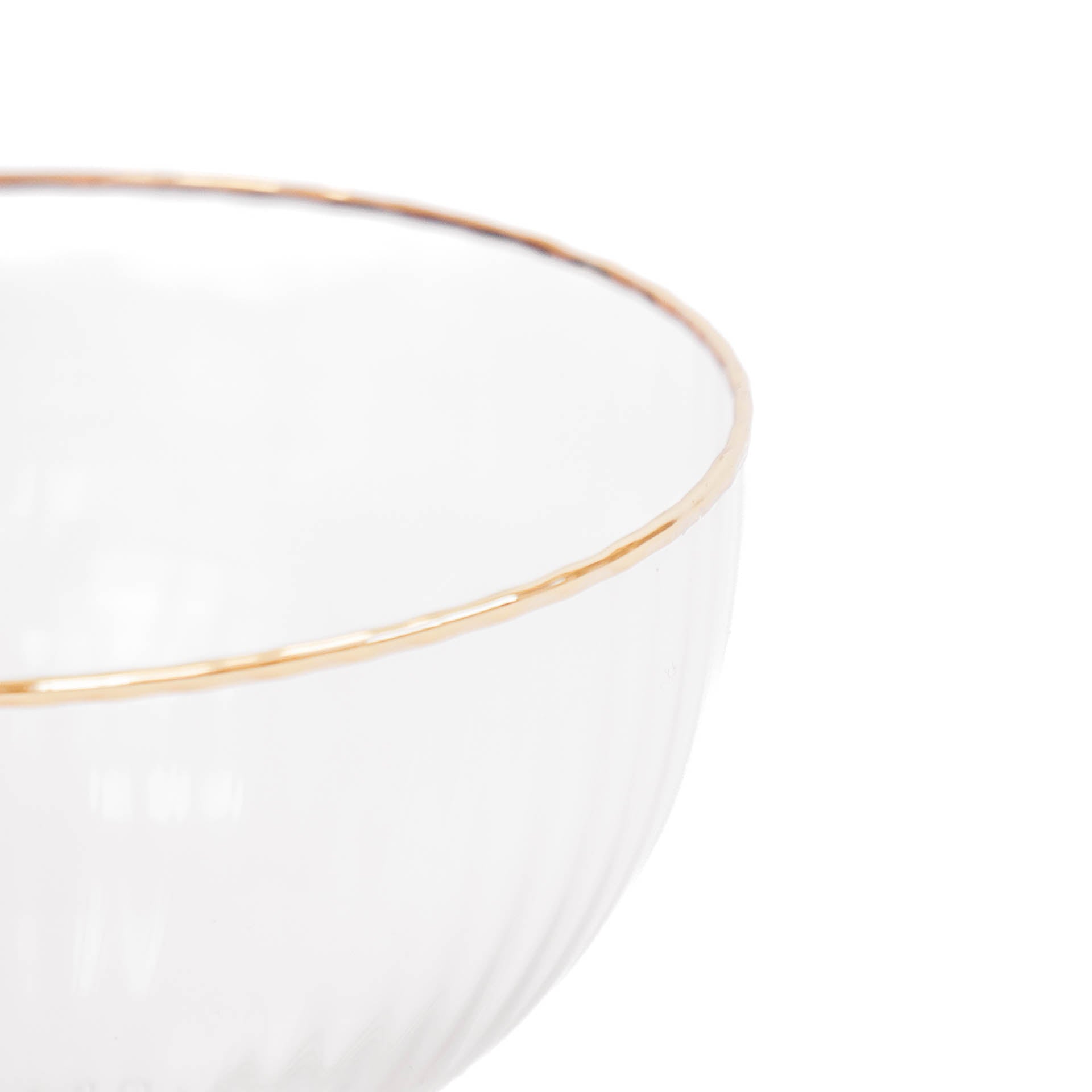 Champagne glas in bol vorm met relief glas en gouden randje