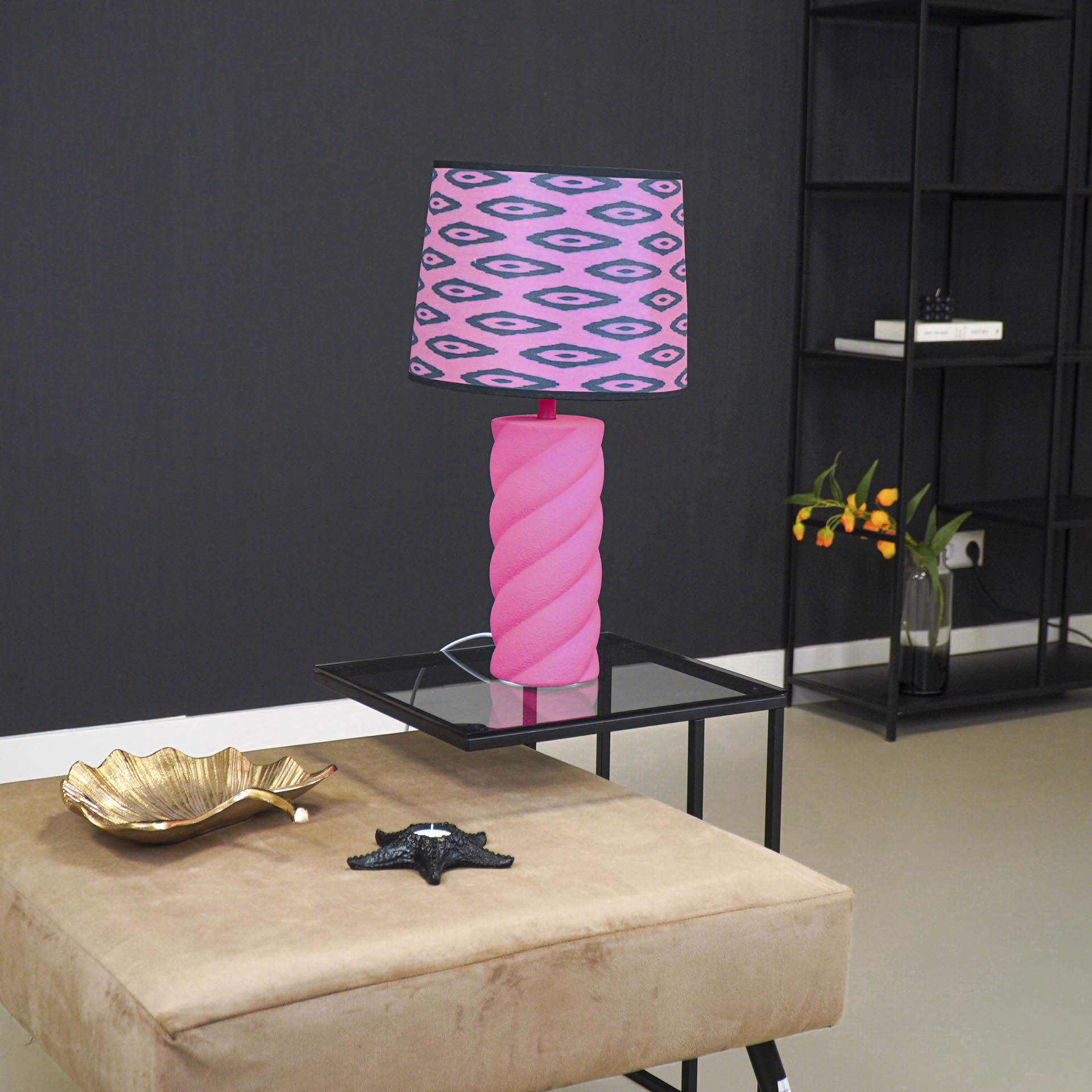 Lampenkap - Kelim Print - Polyester - Roze/Zwart-26x30x23 cm