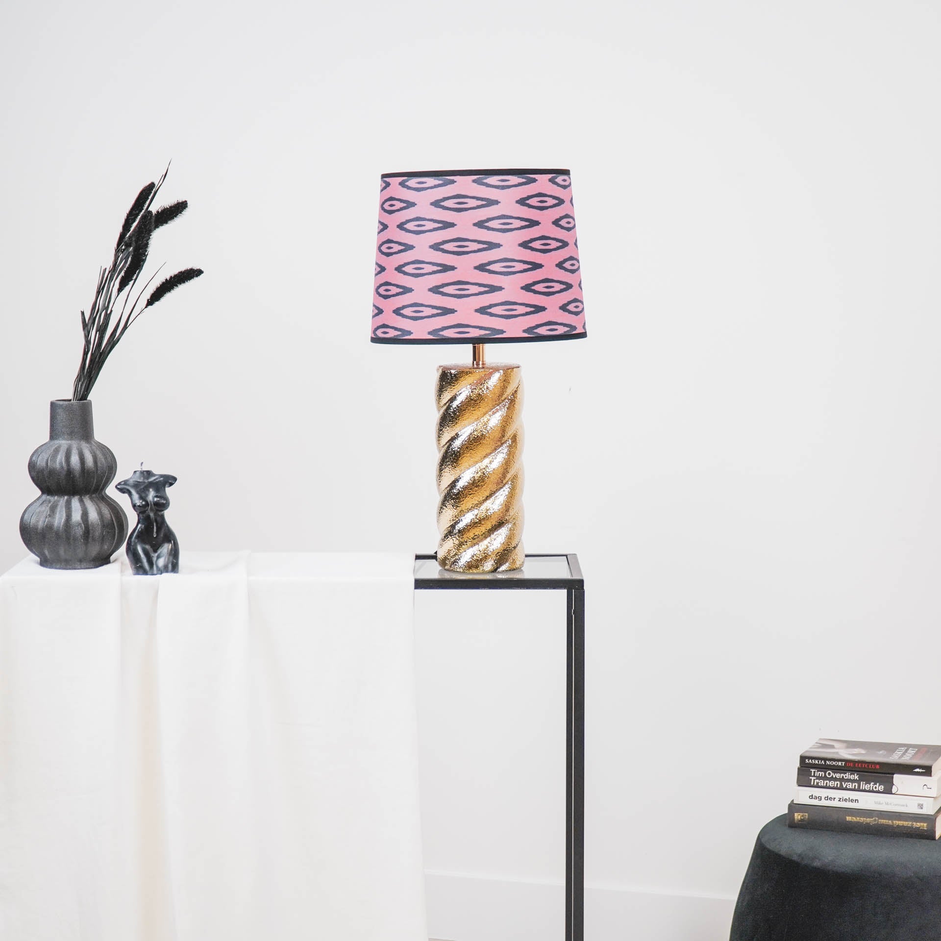 Lampenkap - Kelim Print - Polyester - Roze/Zwart-26x30x23 cm