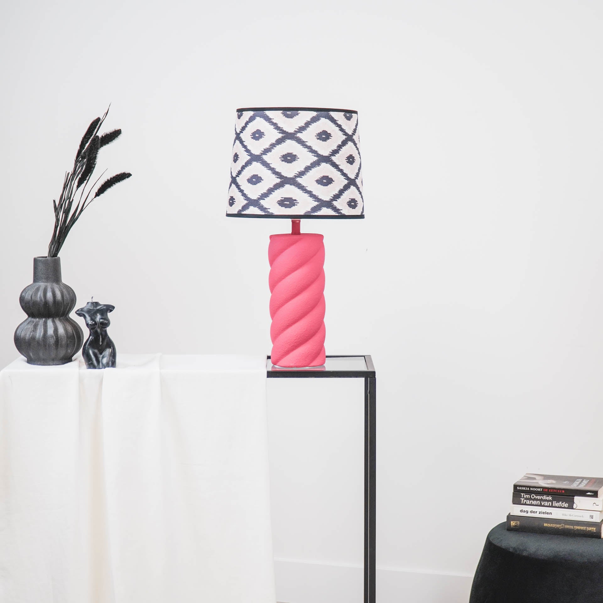 Lampenkap Kelim Print -Polyester- Zwart/ Wit/ Lichtroze-26x30x23cm