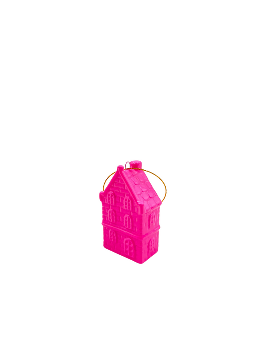 Kersthanger - Huis - Keramiek -  Neon Roze - 3,5x2x6,5cm