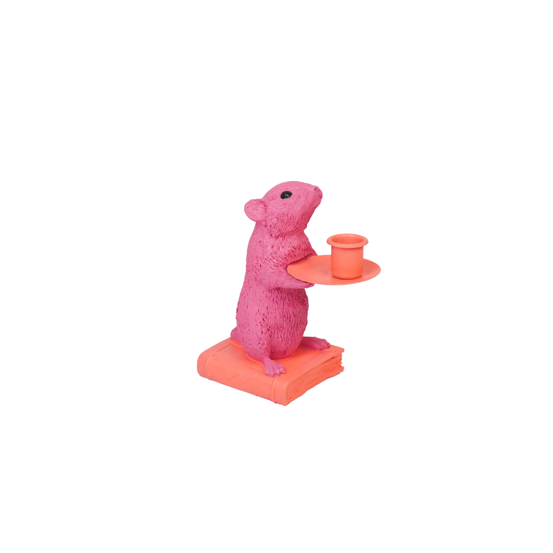 Kaarshouder - Muis Kandelaar - Polyresin - Roze/ Rood - 8x10x17cm