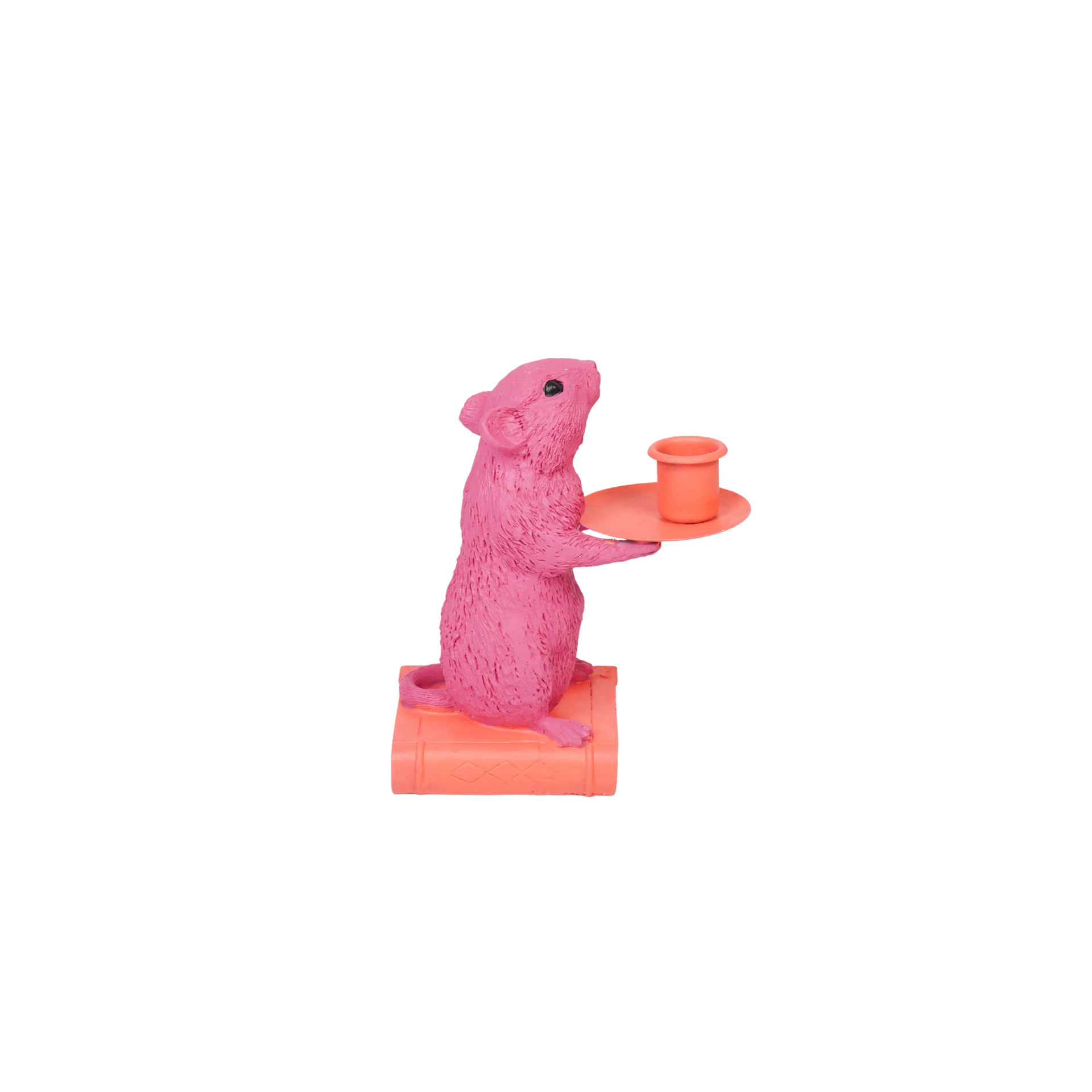 Kaarshouder - Muis Kandelaar - Polyresin - Roze/ Rood - 8x10x17cm