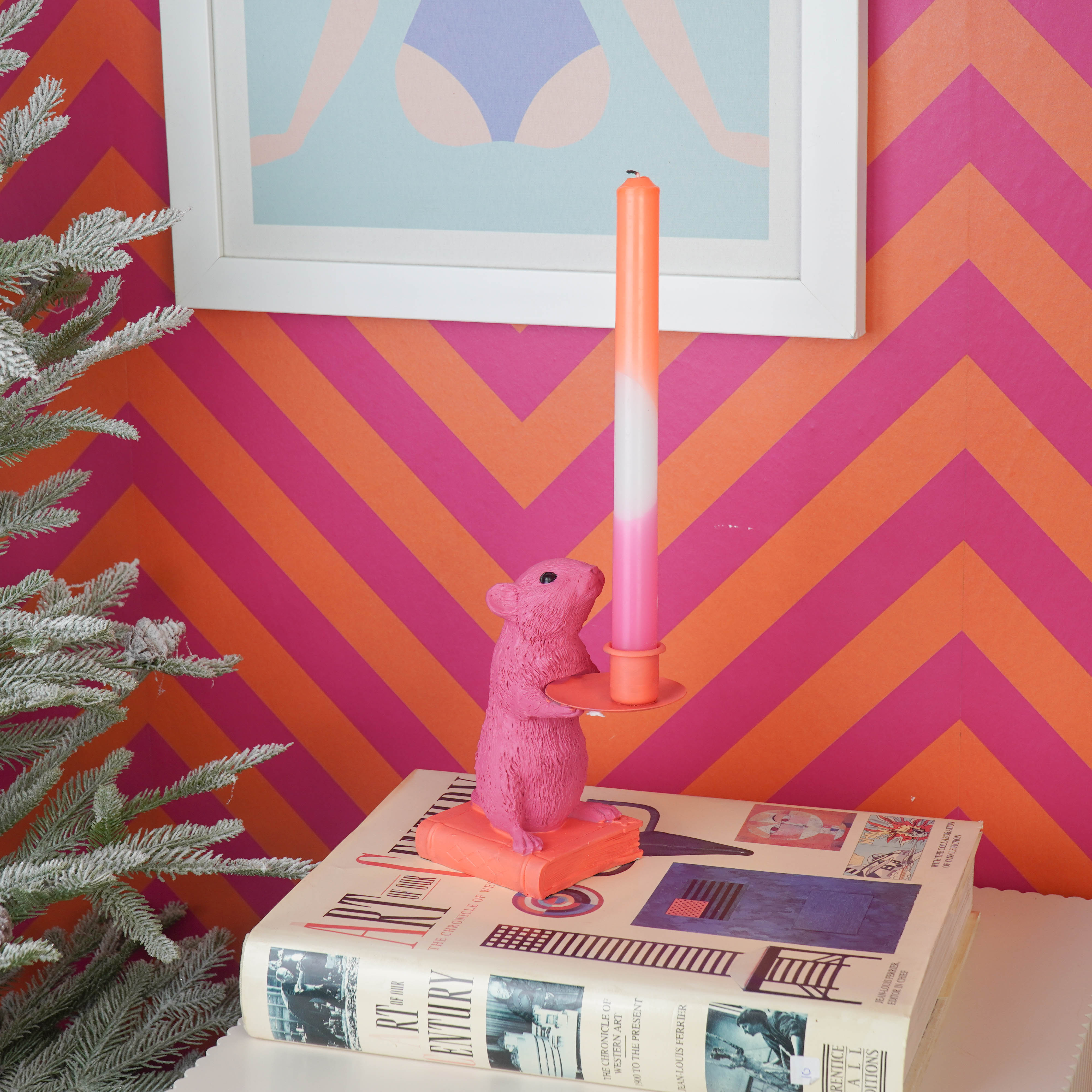 Kaarshouder - Muis Kandelaar - Polyresin - Roze/ Rood - 8x10x17cm
