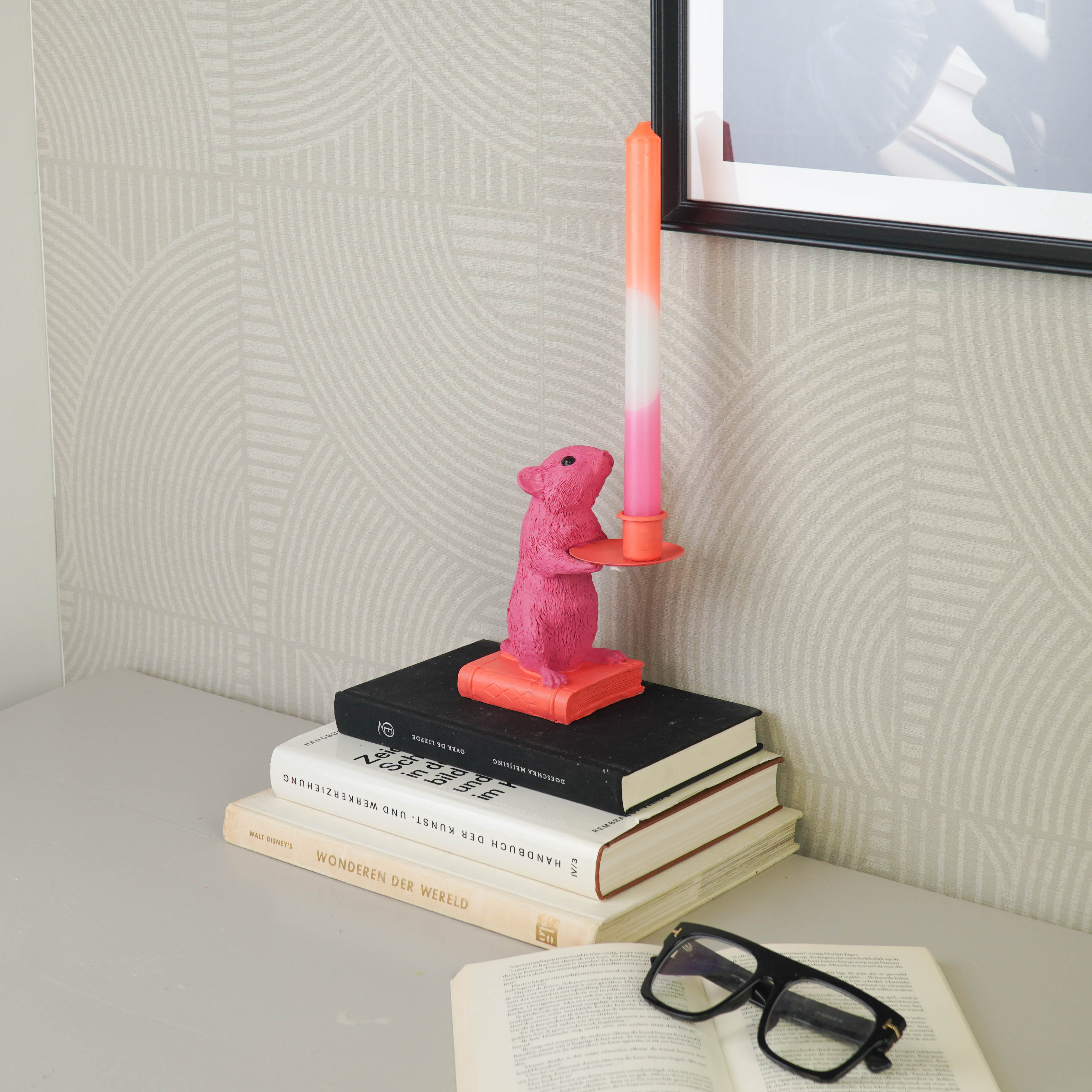 Kaarshouder - Muis Kandelaar - Polyresin - Roze/ Rood - 8x10x17cm