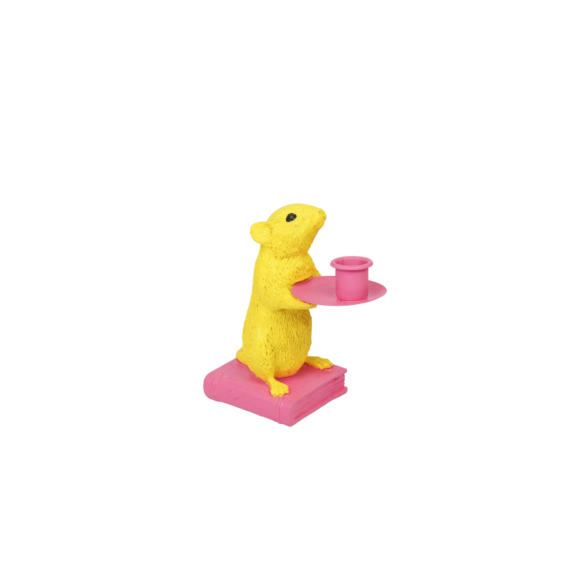 Kaarshouder - Muis Kandelaar - Polyresin - Geel/ Roze - 8x10x17cm