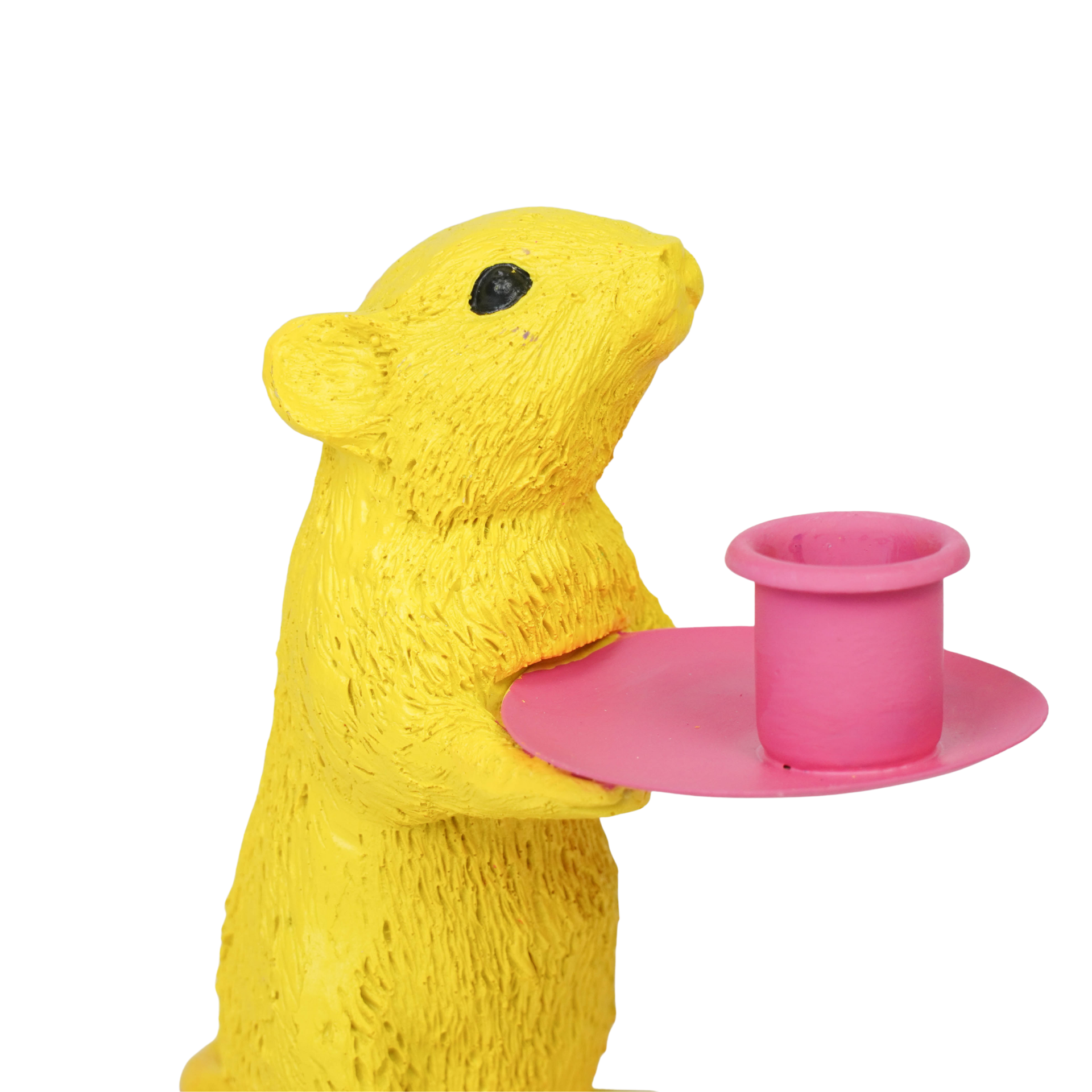 Kaarshouder - Muis Kandelaar - Polyresin - Geel/ Roze - 8x10x17cm